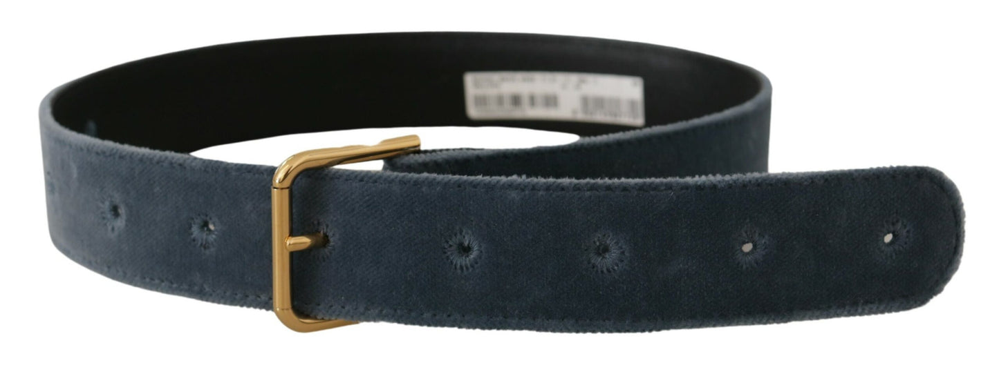 Marineblauer Samtgürtel mit goldener Metall-Logo-Gürtelschnalle