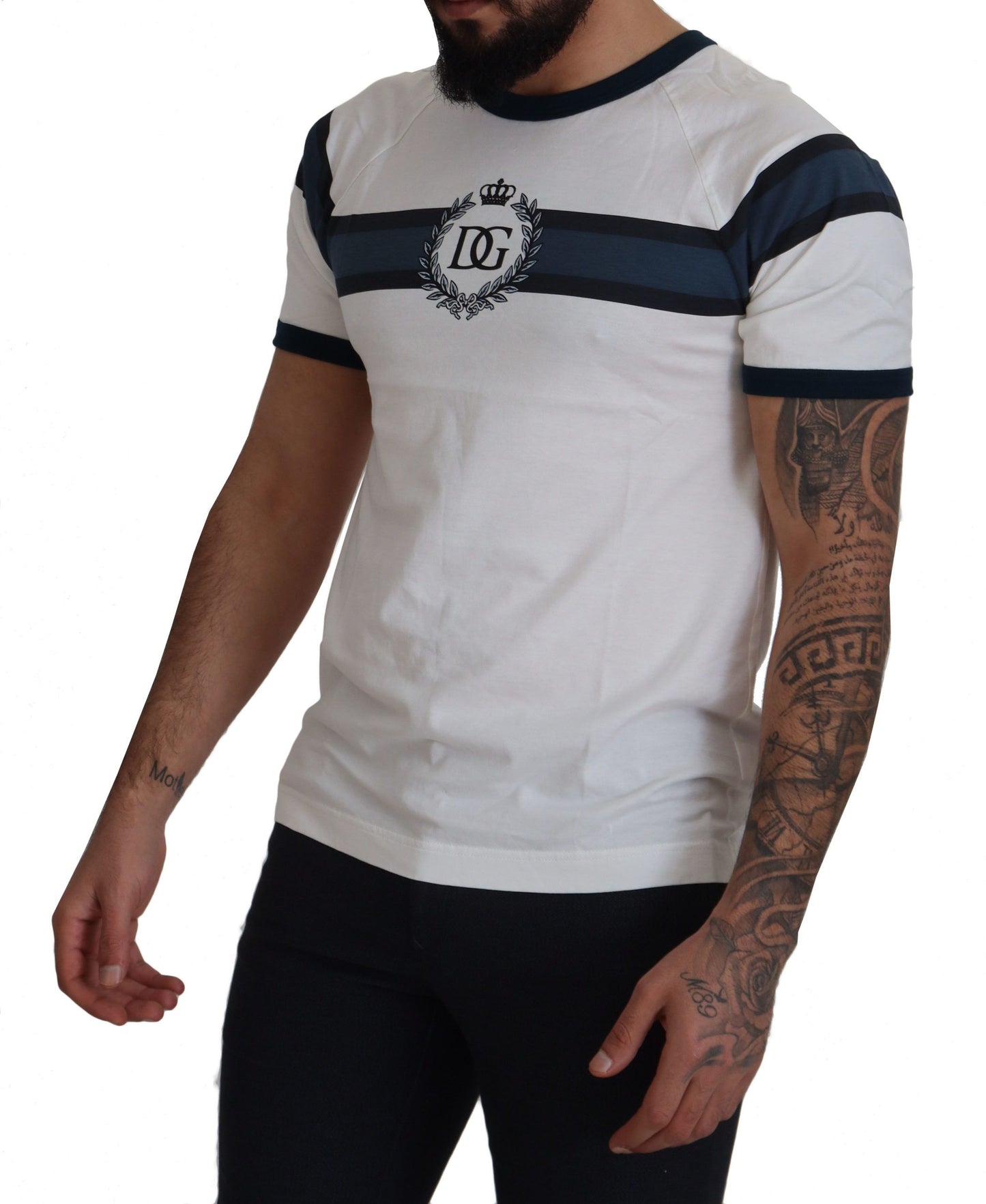 Weiß-blaues T-Shirt mit Rundhalsausschnitt aus Baumwolle