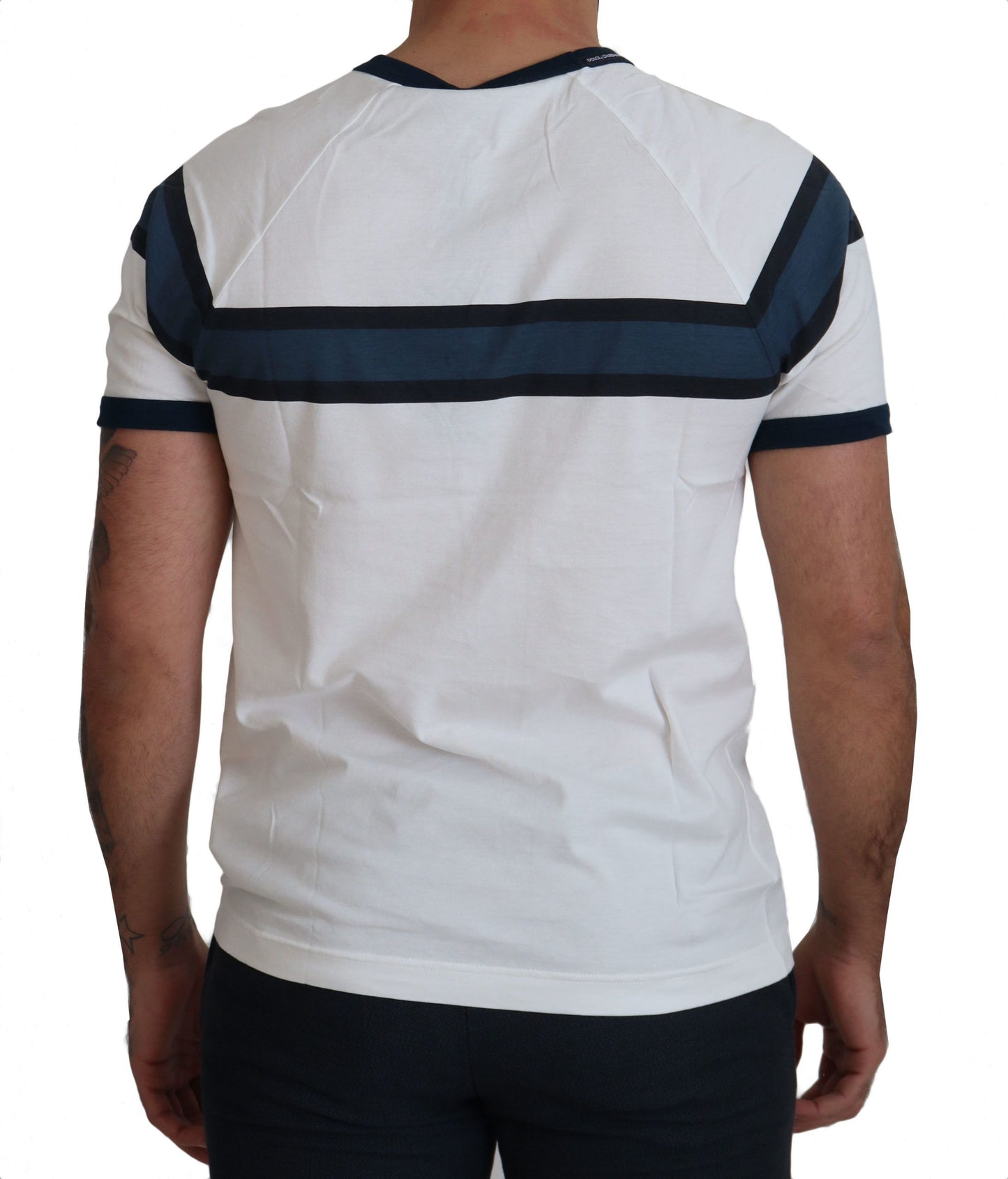 Weiß-blaues T-Shirt mit Rundhalsausschnitt aus Baumwolle