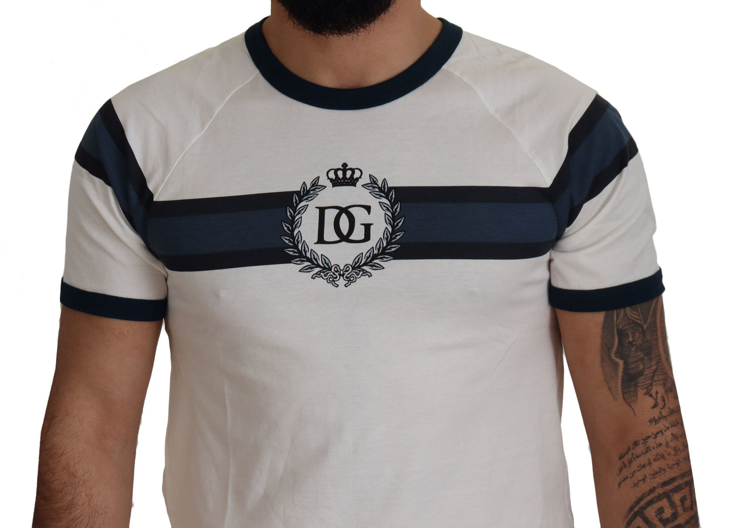Weiß-blaues T-Shirt mit Rundhalsausschnitt aus Baumwolle