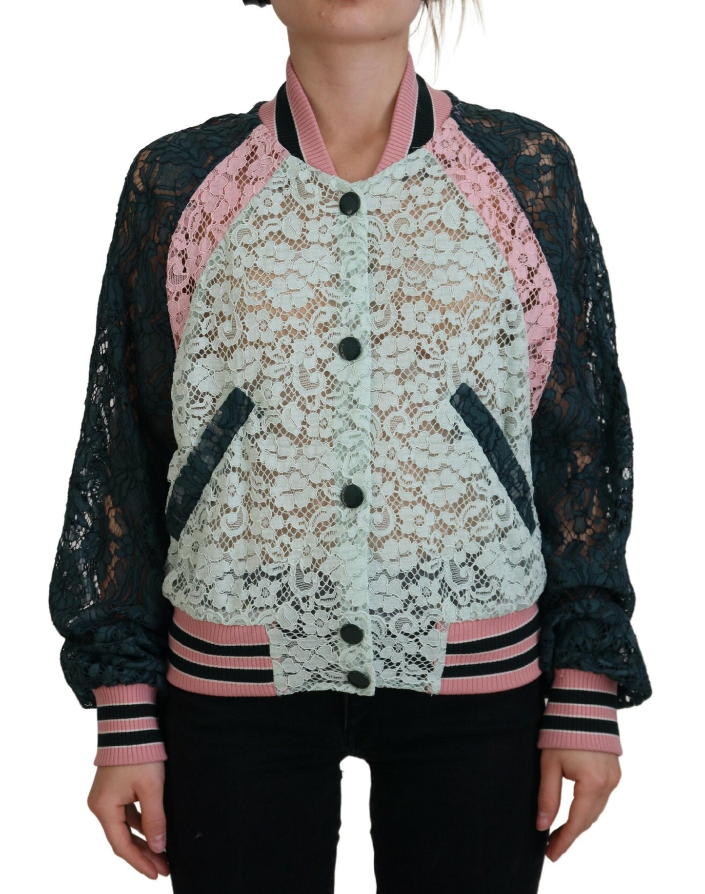 Mehrfarbige Bomberjacke aus Baumwolle mit floraler Spitze