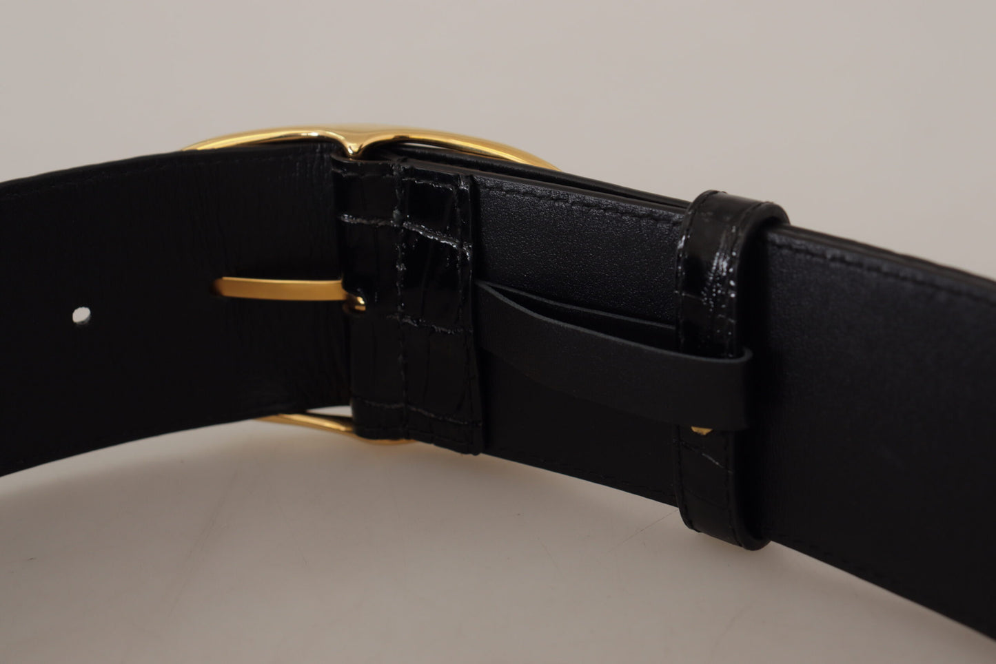 Schwarzer breiter Taille Design Leder Gold Metall Schnalle Gürtel