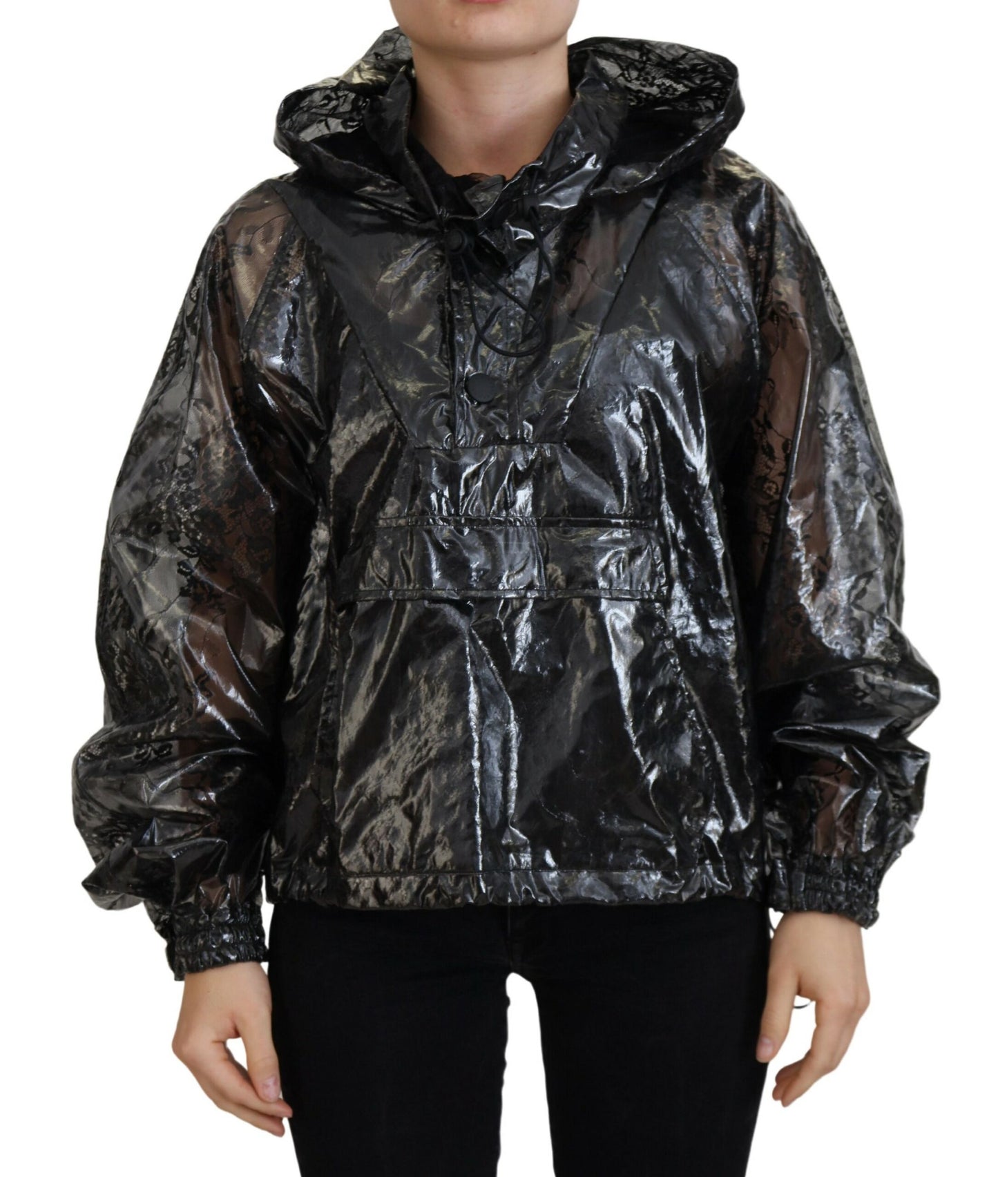Schwarzer Nylon-Pullover mit Kapuze für Frauen Pullover