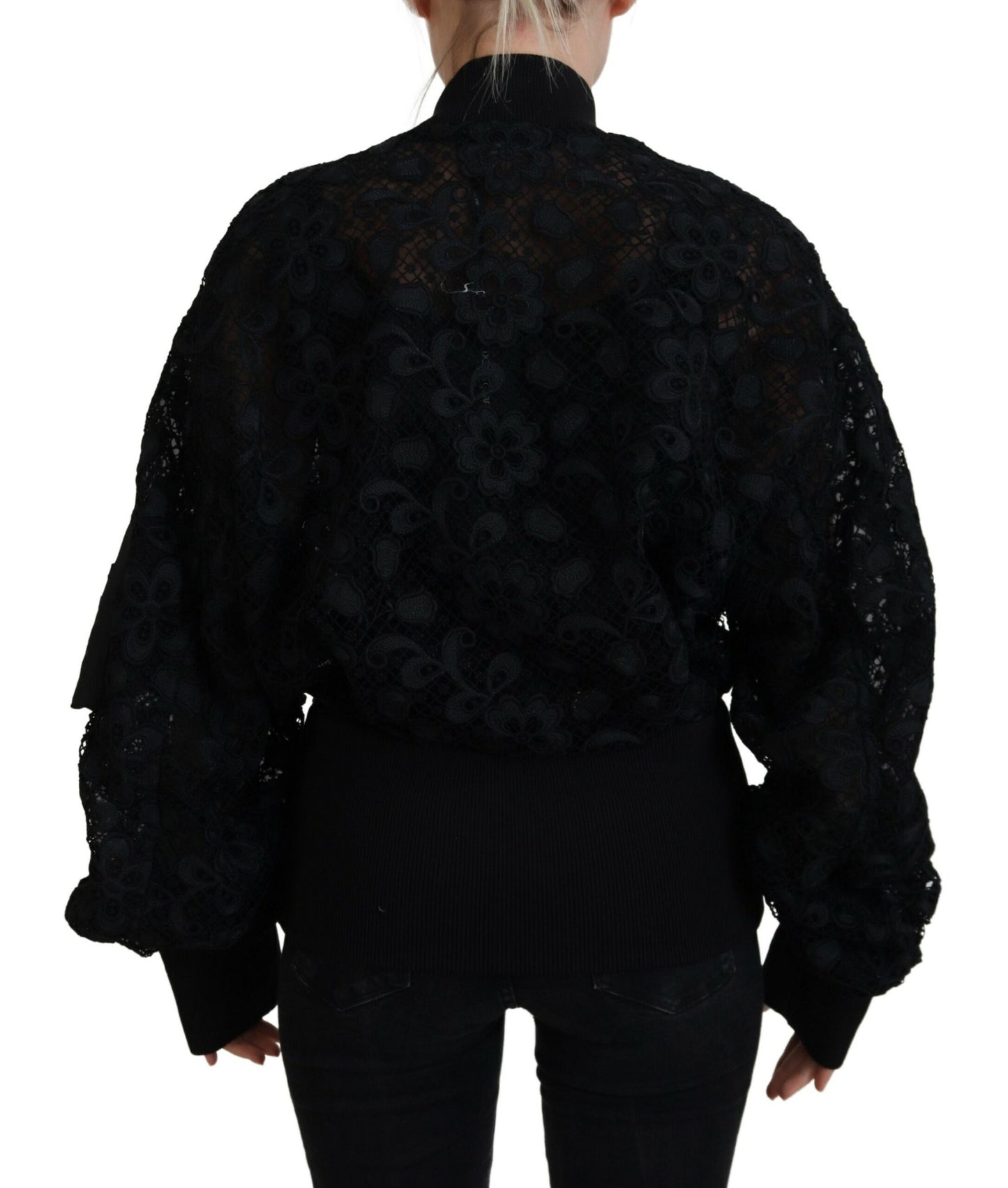 Schwarze Jacke mit durchgehendem Reißverschluss und floraler Spitze aus Baumwolle