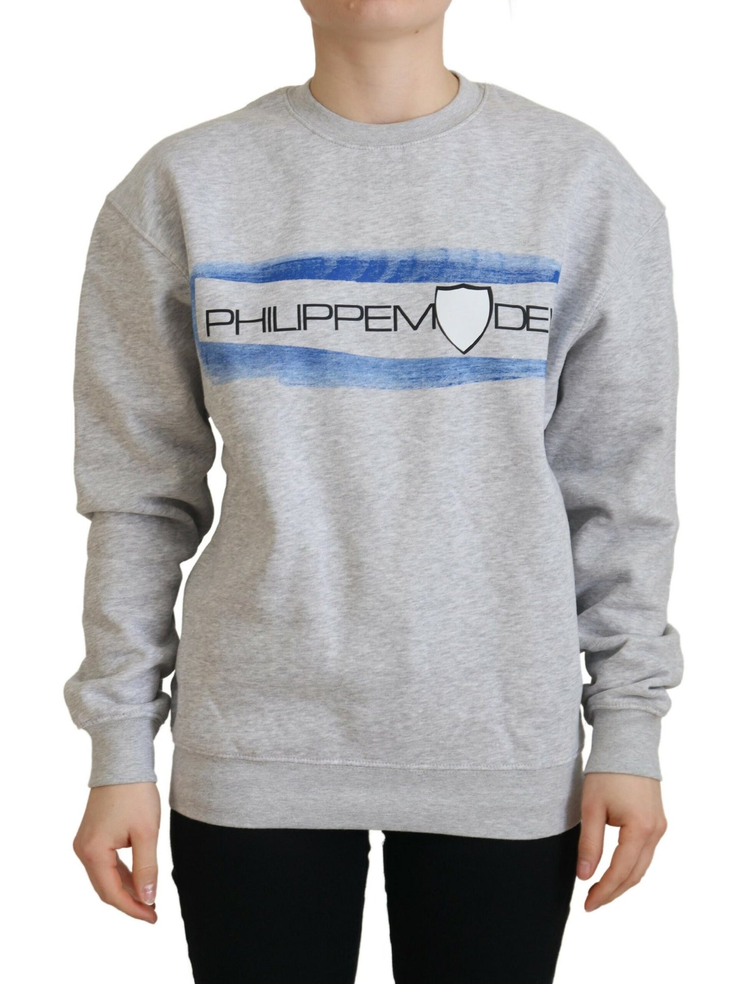 Grauer bedruckter Pullover mit langen Ärmeln Pullover