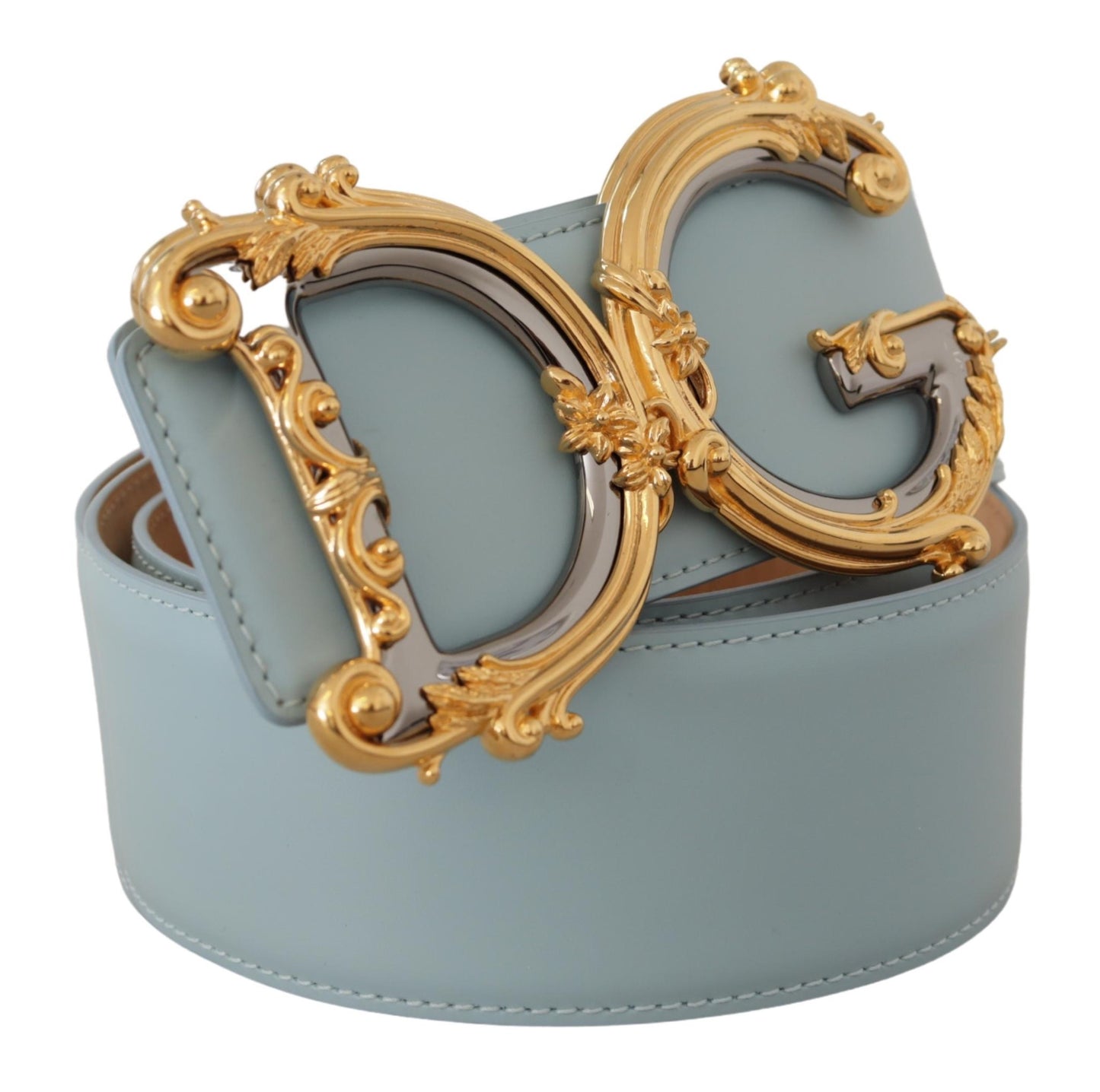 Blauer Ledergürtel mit breiter Taille DG Logo Barock und goldener Schnalle