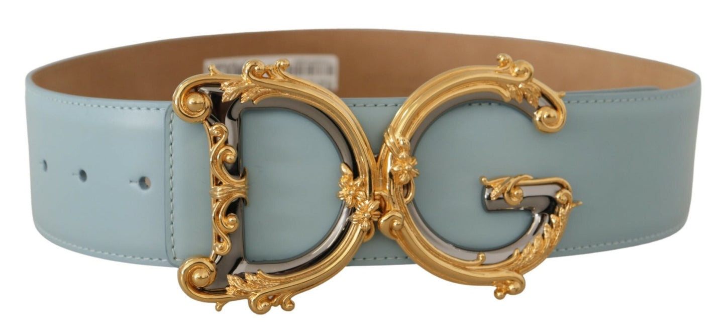 Blauer Ledergürtel mit breiter Taille DG Logo Barock und goldener Schnalle