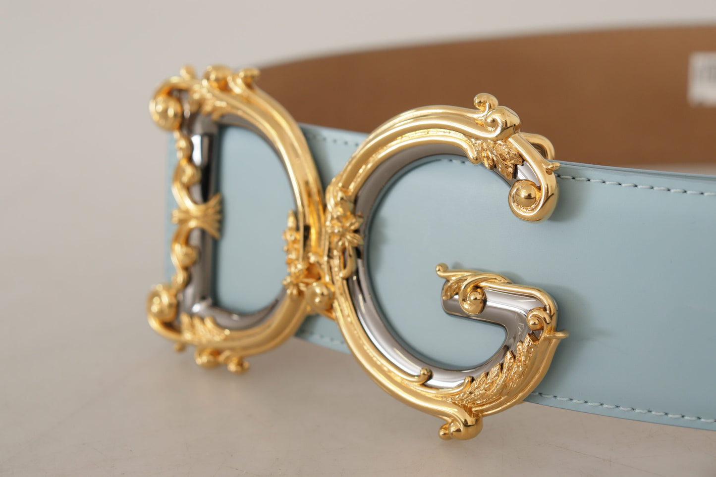 Blauer Ledergürtel mit breiter Taille DG Logo Barock und goldener Schnalle