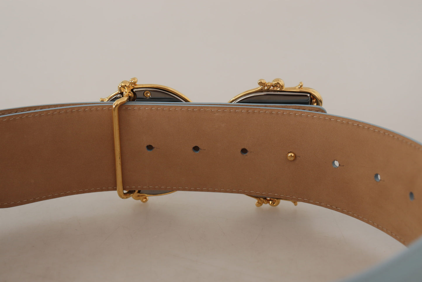 Blauer Ledergürtel mit breiter Taille DG Logo Barock und goldener Schnalle