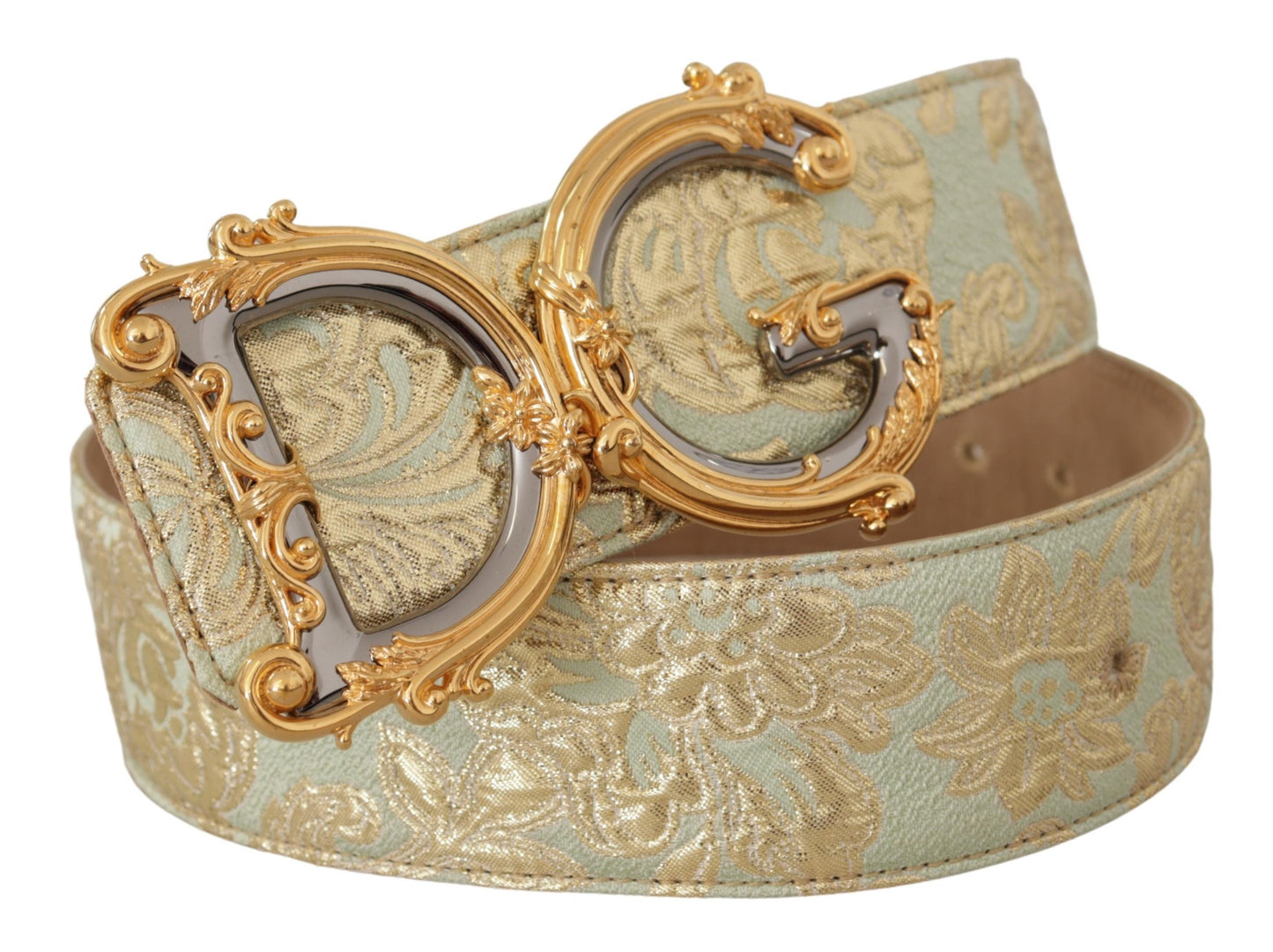 Grüner breiter Brokat-Jacquard-Gürtel mit DG-Logo und goldener Schnalle