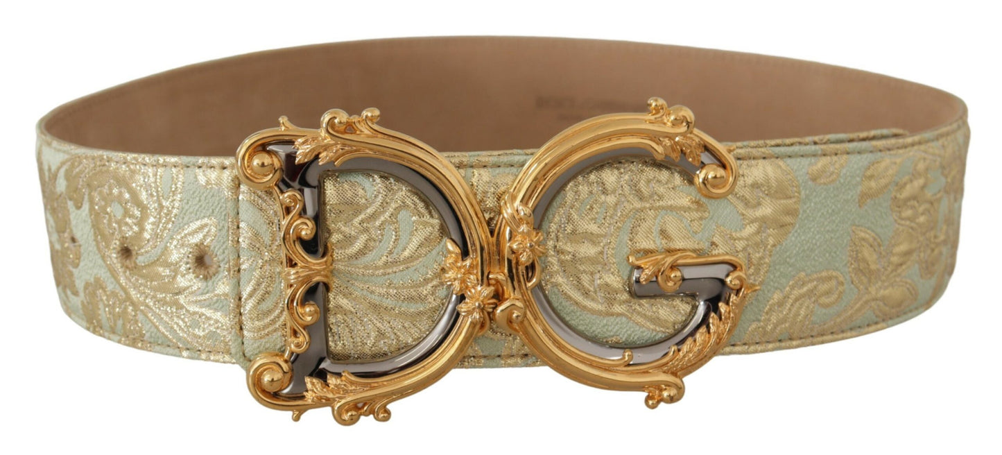 Grüner breiter Brokat-Jacquard-Gürtel mit DG-Logo und goldener Schnalle
