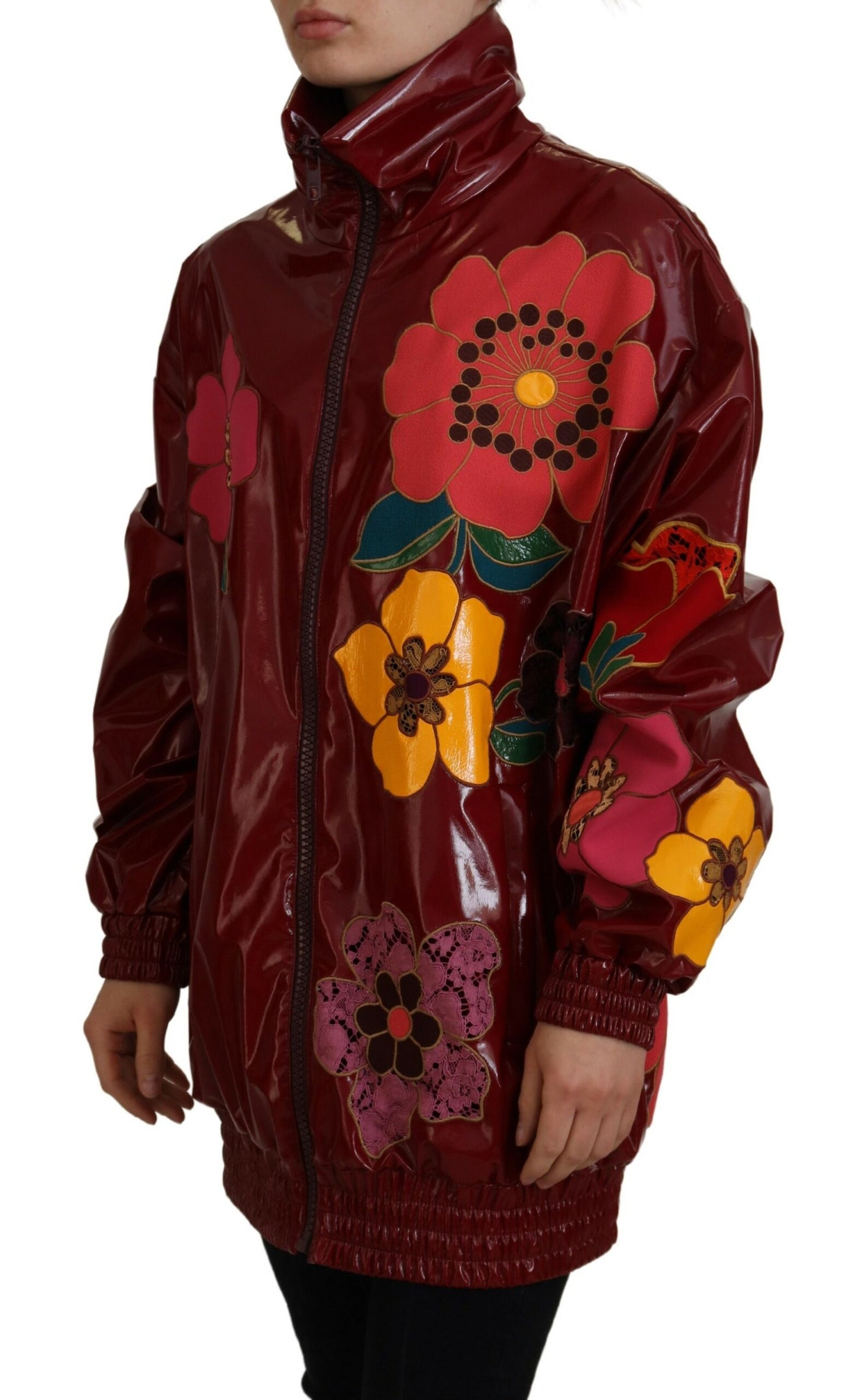 Maroon Floral Full Zip Polyester Damen Jacke