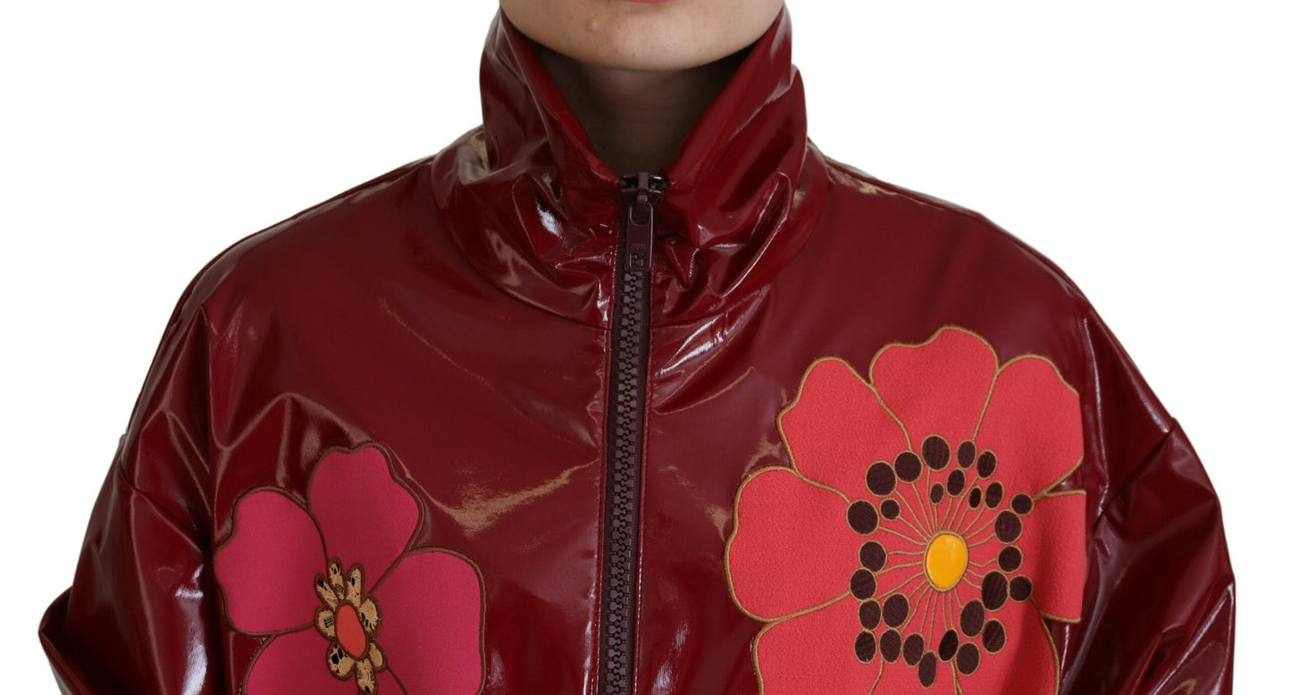 Maroon Floral Full Zip Polyester Damen Jacke