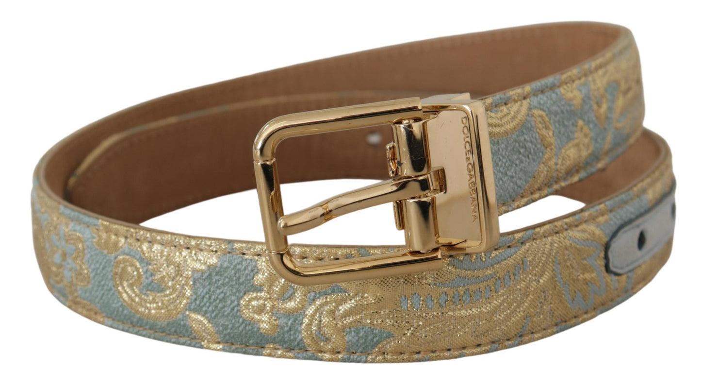 Blauer Leder-Jacquardgürtel mit geprägter goldener Metallschnalle