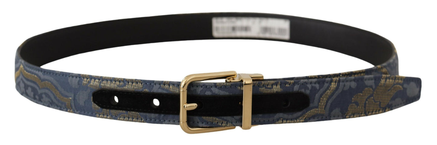 Marineblauer Jacquardgürtel mit goldfarbenem Logo und Metallschnalle