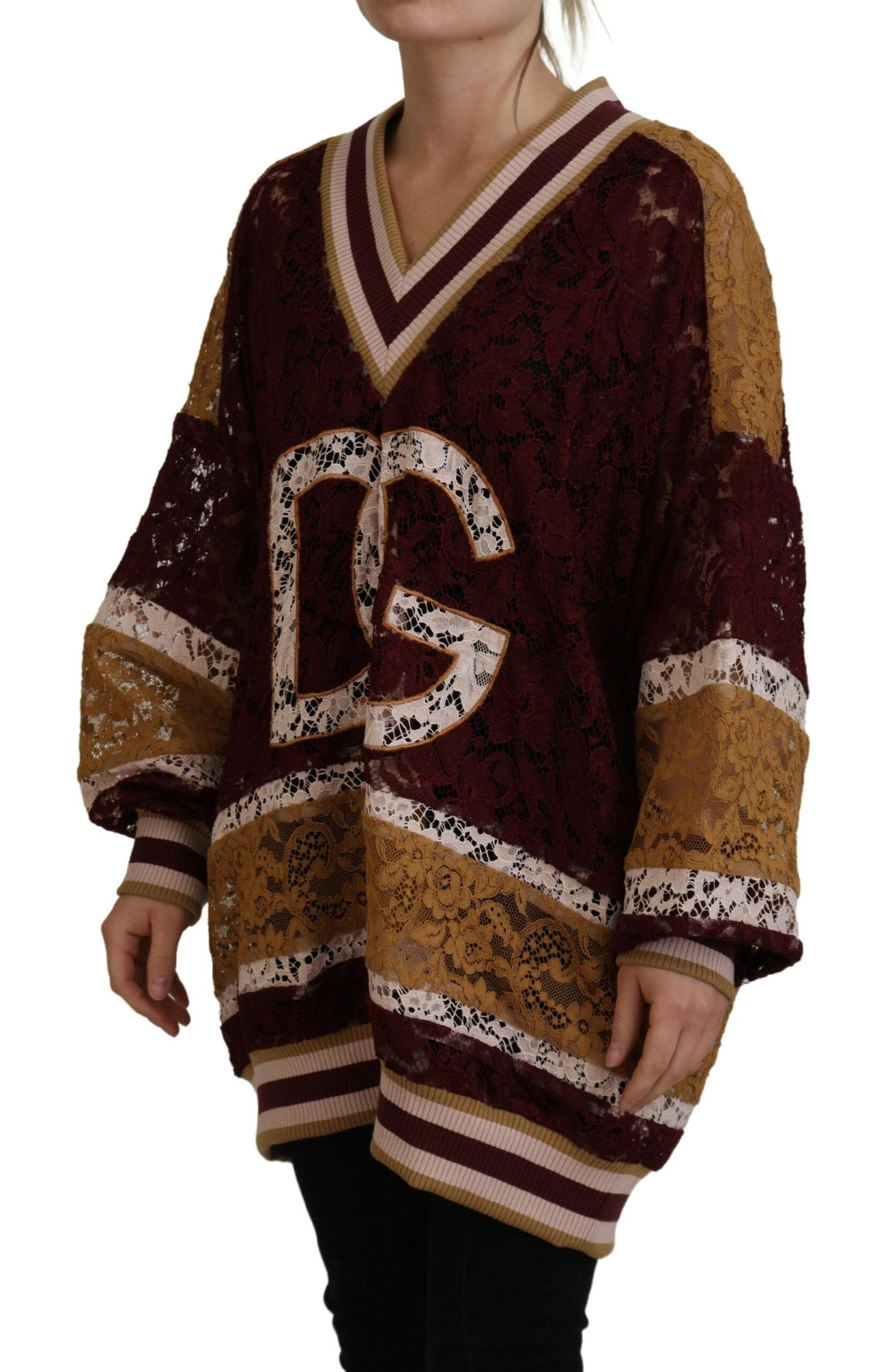 Multicolor Spitze Pullover mit V-Ausschnitt