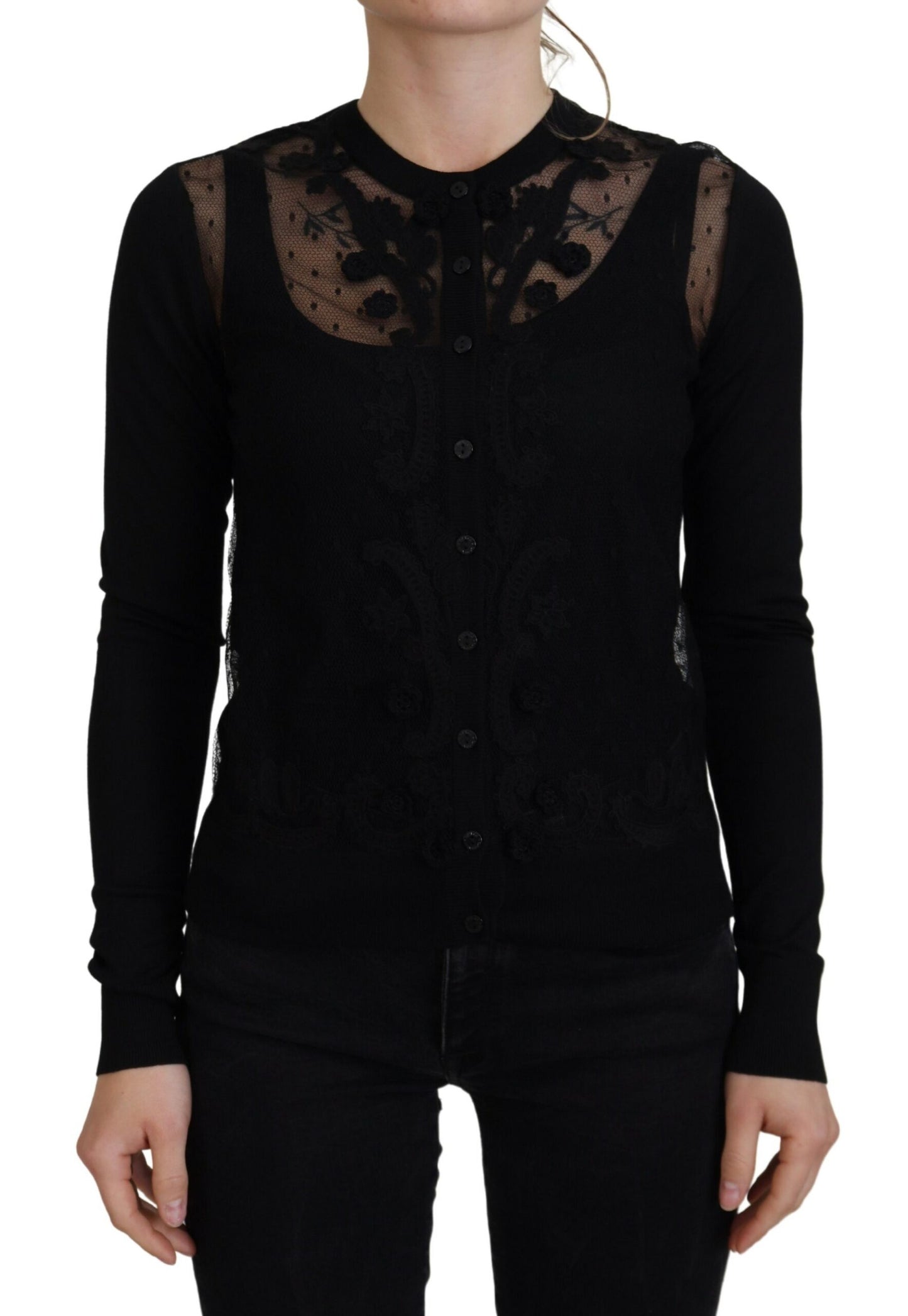Schwarzer Strickpullover mit floraler Spitze und Knopfleiste