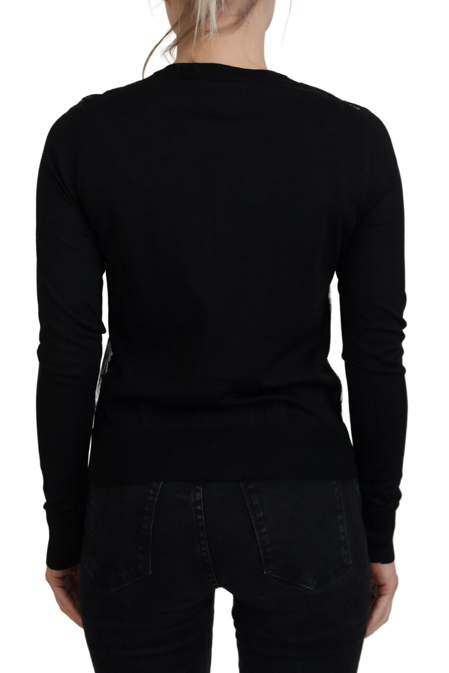 Schwarzer Strickpullover mit floraler Spitze und Knopfleiste