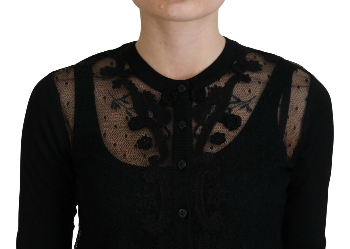 Schwarzer Strickpullover mit floraler Spitze und Knopfleiste
