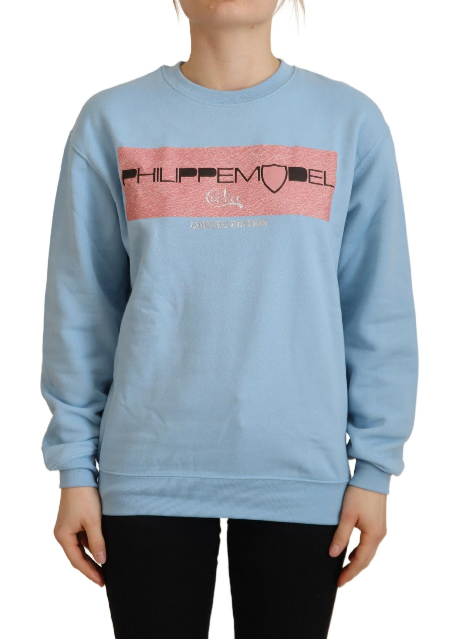Hellblauer Pullover mit Logodruck und langen Ärmeln
