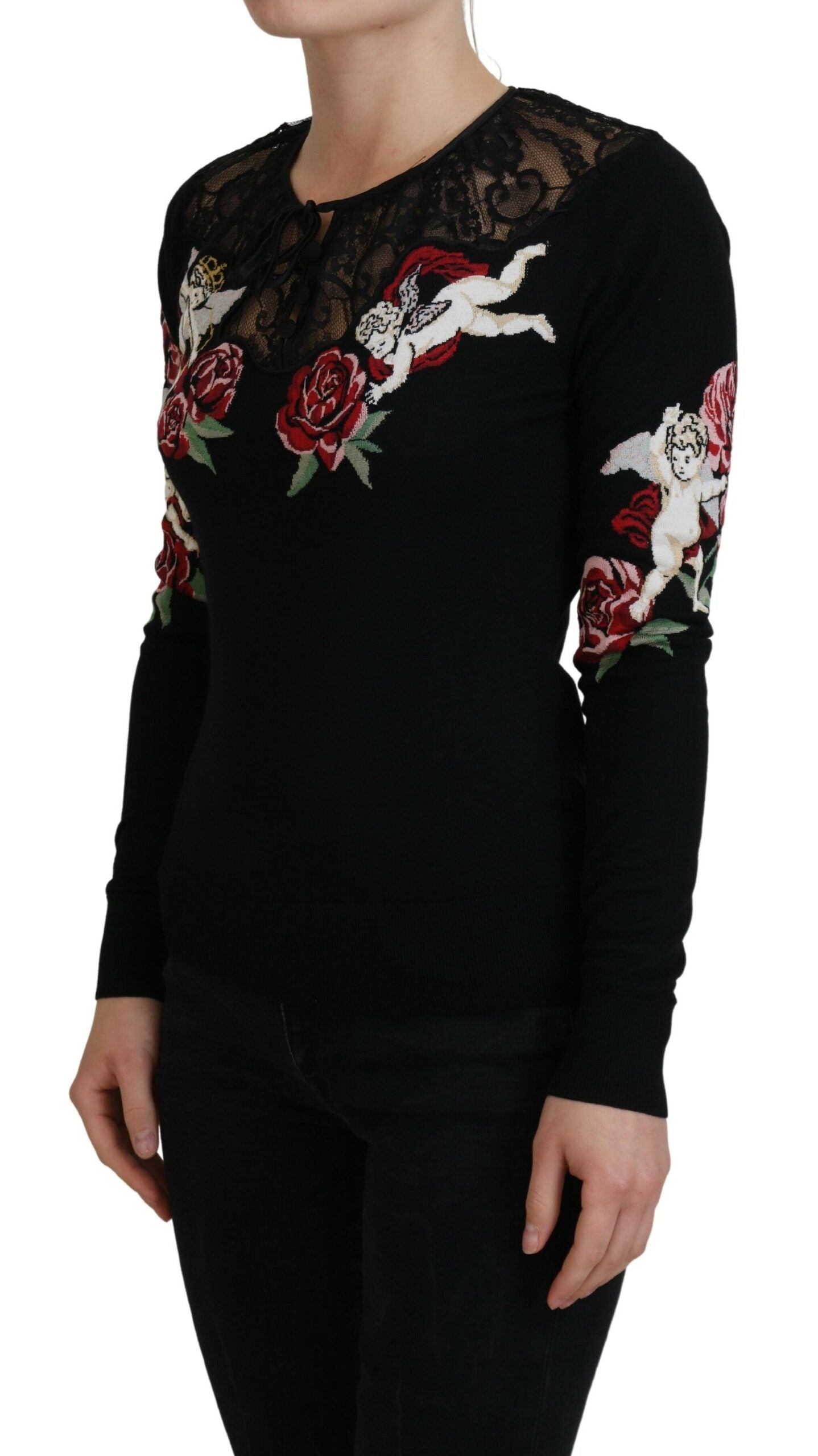 Schwarzer Seidenstrick-Rosen-Engel-Pullover