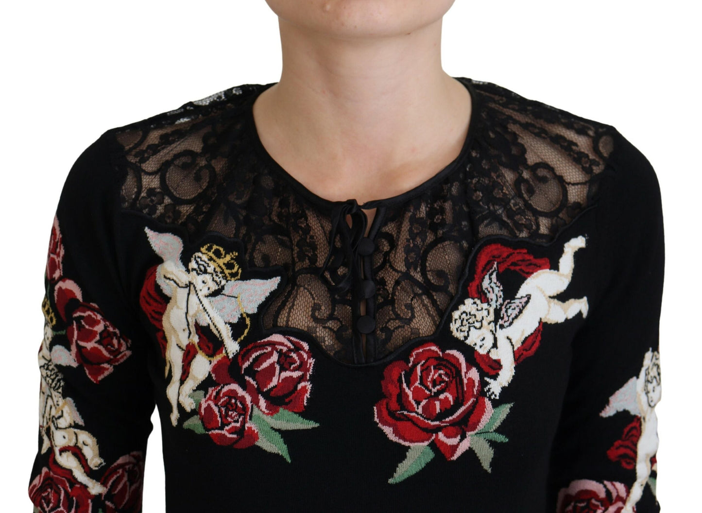 Schwarzer Seidenstrick-Rosen-Engel-Pullover