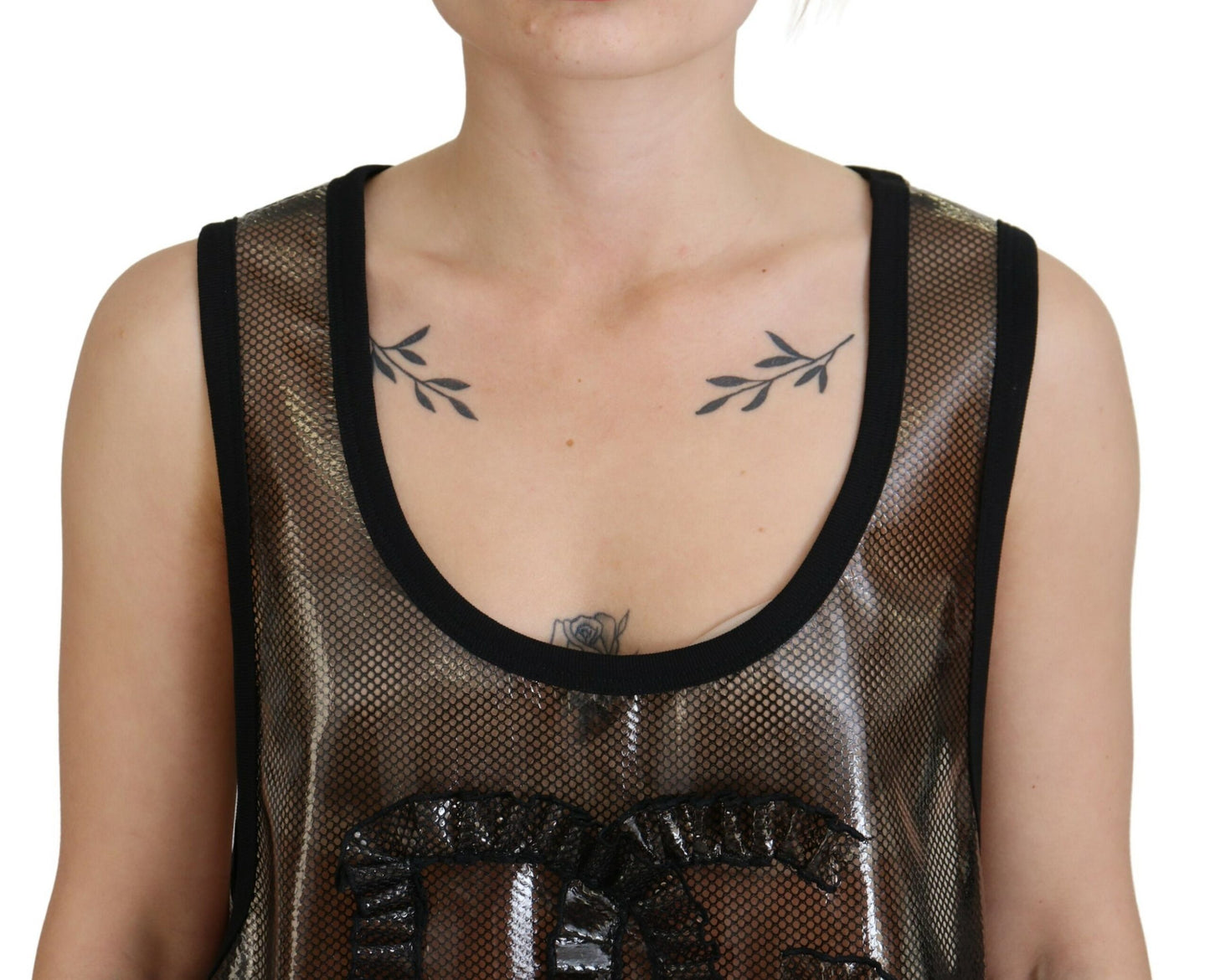 Schwarzes ärmelloses Nylon-Tank-Logo-Top aus Mesh