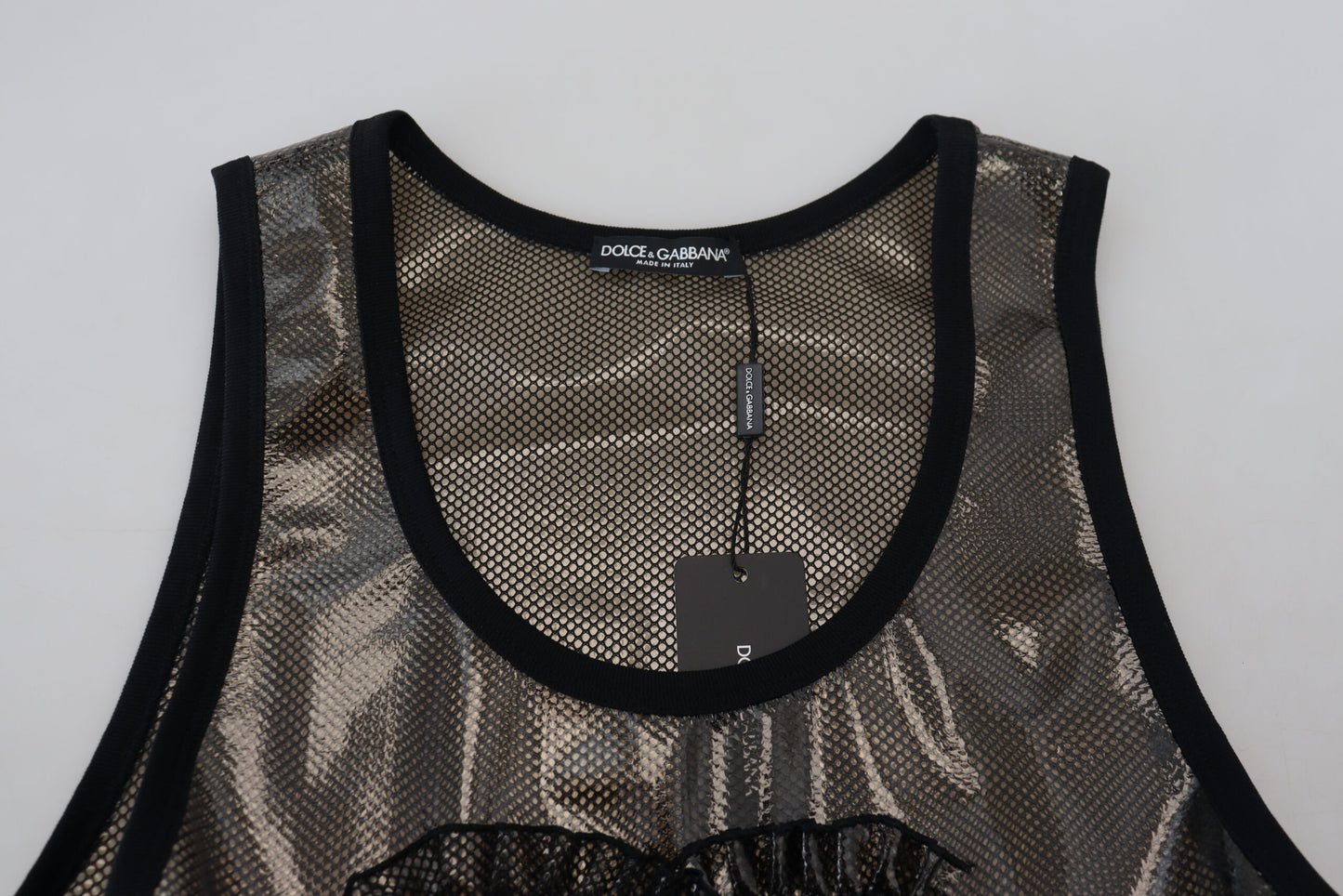 Schwarzes ärmelloses Nylon-Tank-Logo-Top aus Mesh