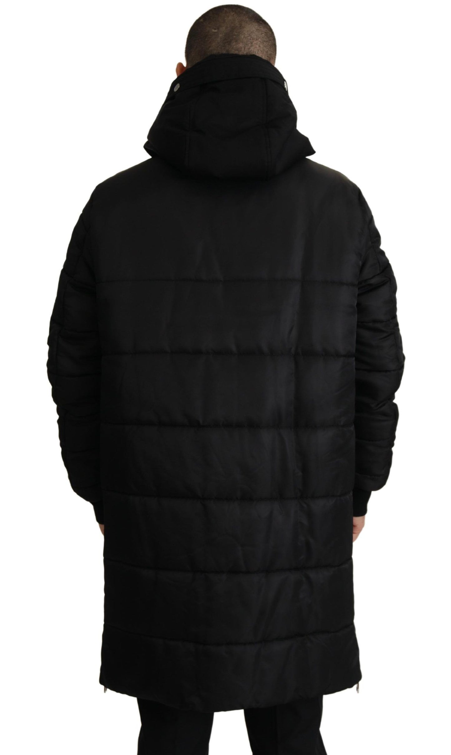 Schwarzer Nylon-Parka-Mantel mit Kapuze Winterjacke