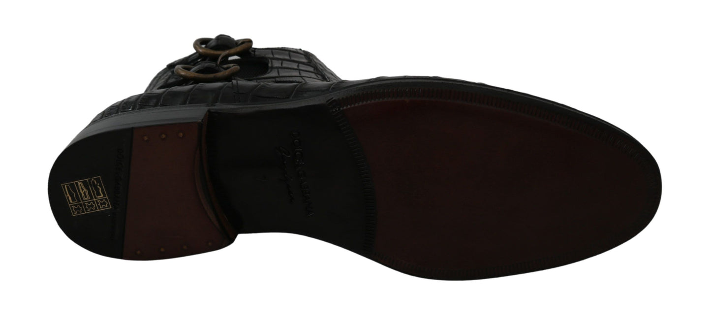 Schwarzes Krokodilleder Derby Stiefel Schuhe