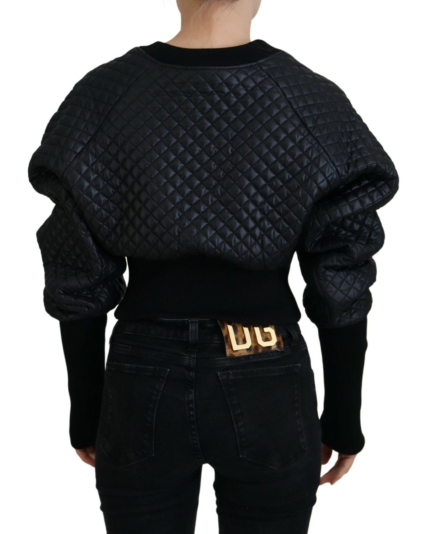 Schwarzer Nylon Pullover mit gestepptem Rundhalsausschnitt