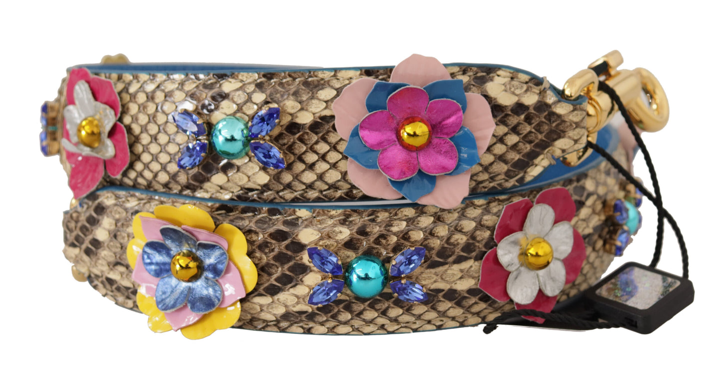 Beigefarbener Pythonleder-Schulterriemen mit floralen Nieten