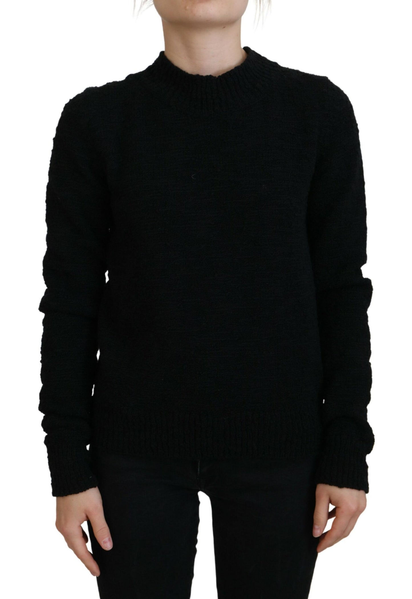 Schwarzer Pullover aus Wollstrick mit Rundhalsausschnitt