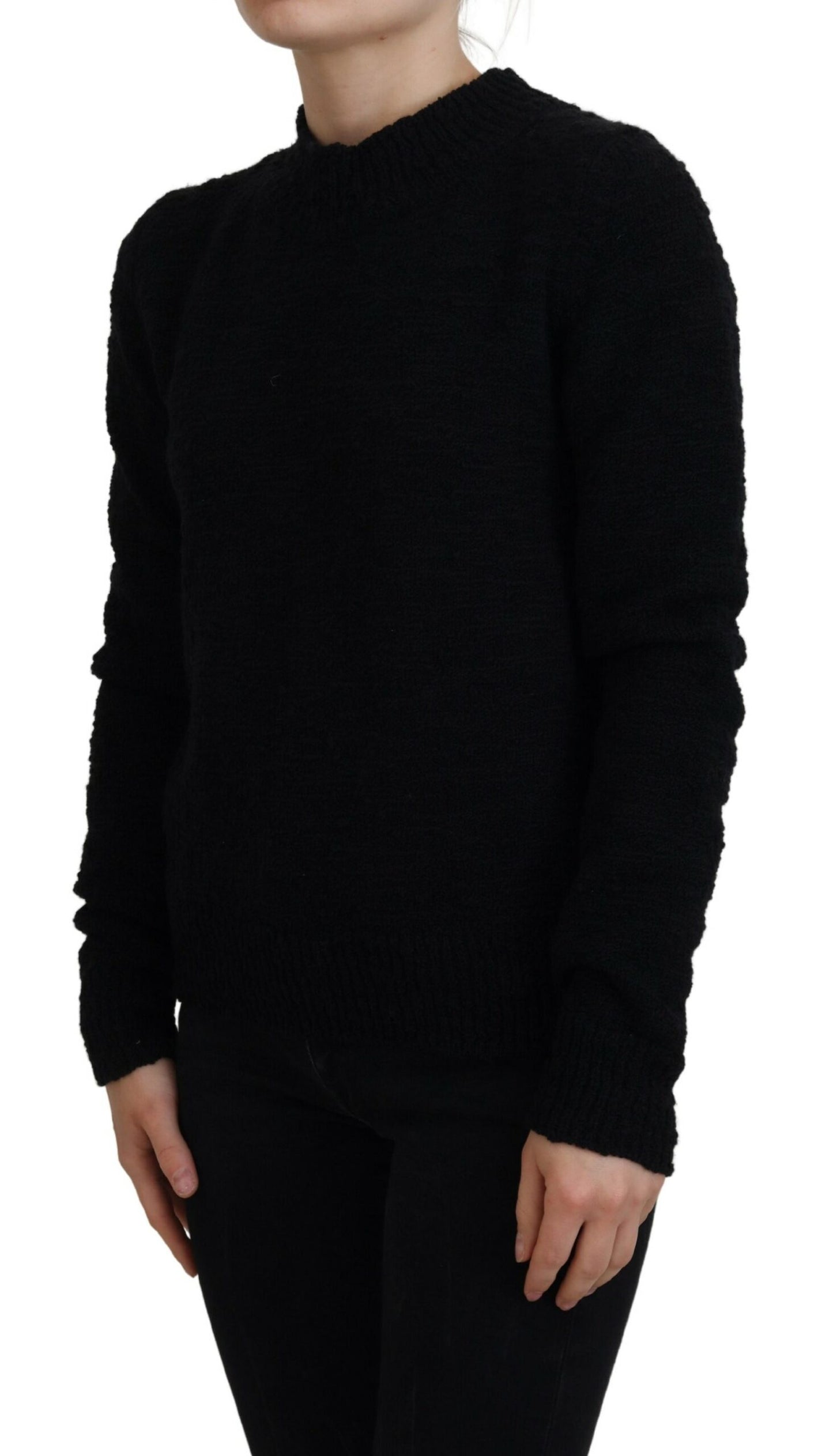 Schwarzer Pullover aus Wollstrick mit Rundhalsausschnitt
