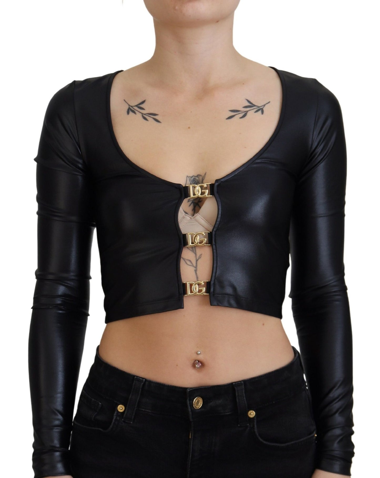 Schwarz-Gold DG Schnalle Langarm-Cropped Top