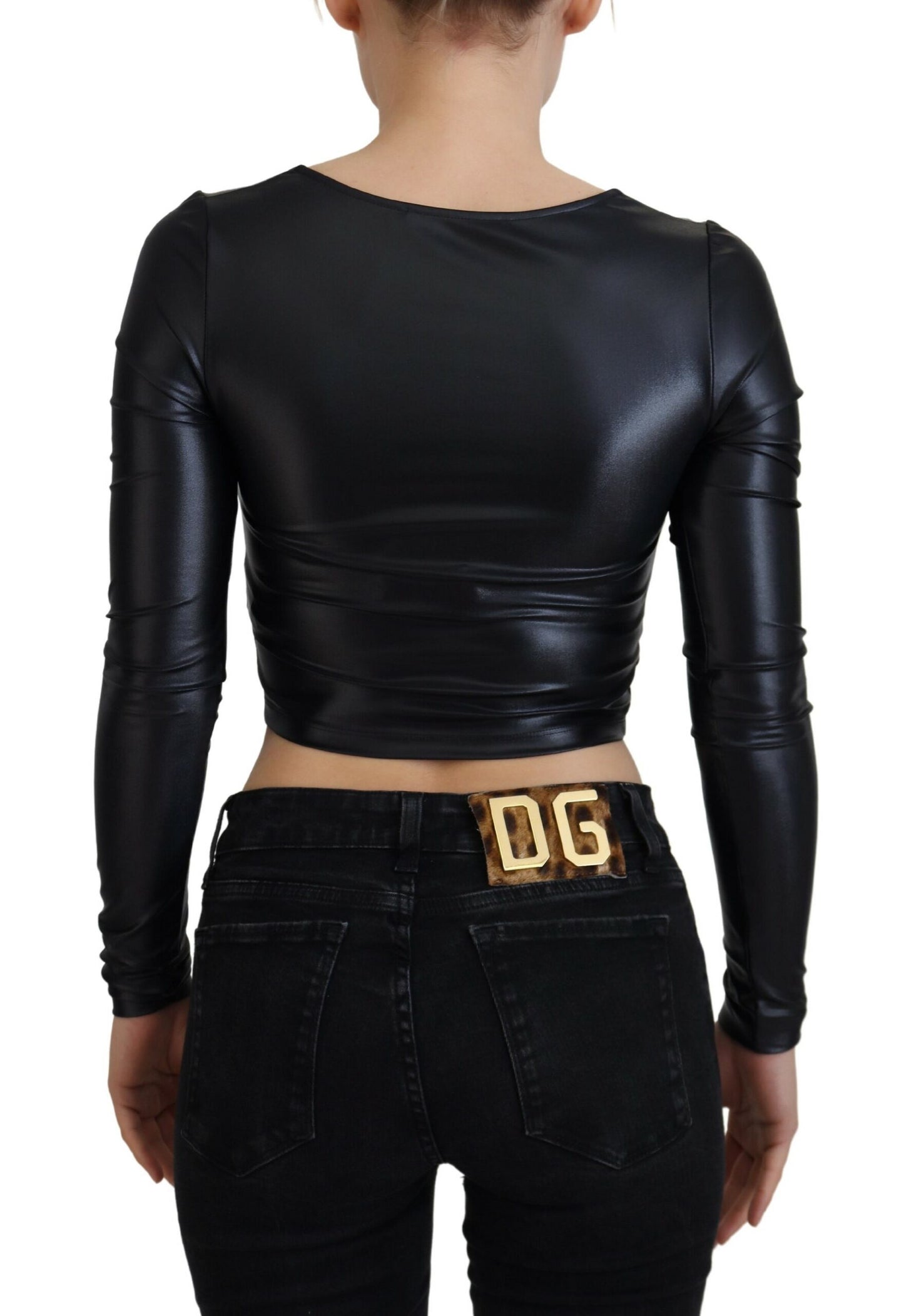 Schwarz-Gold DG Schnalle Langarm-Cropped Top