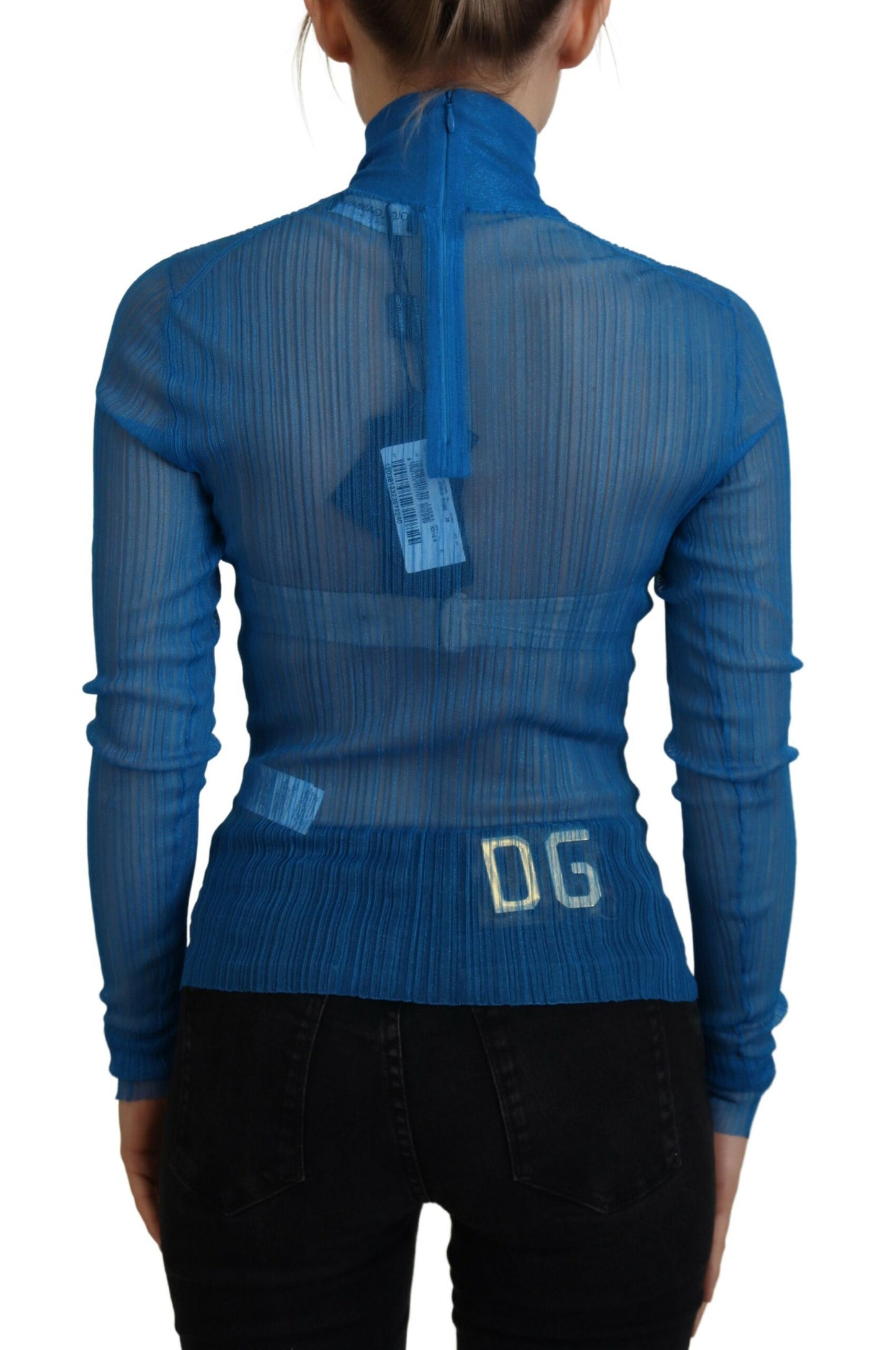 Blaues Netz-Rollkragen-Langarmblusen-Top