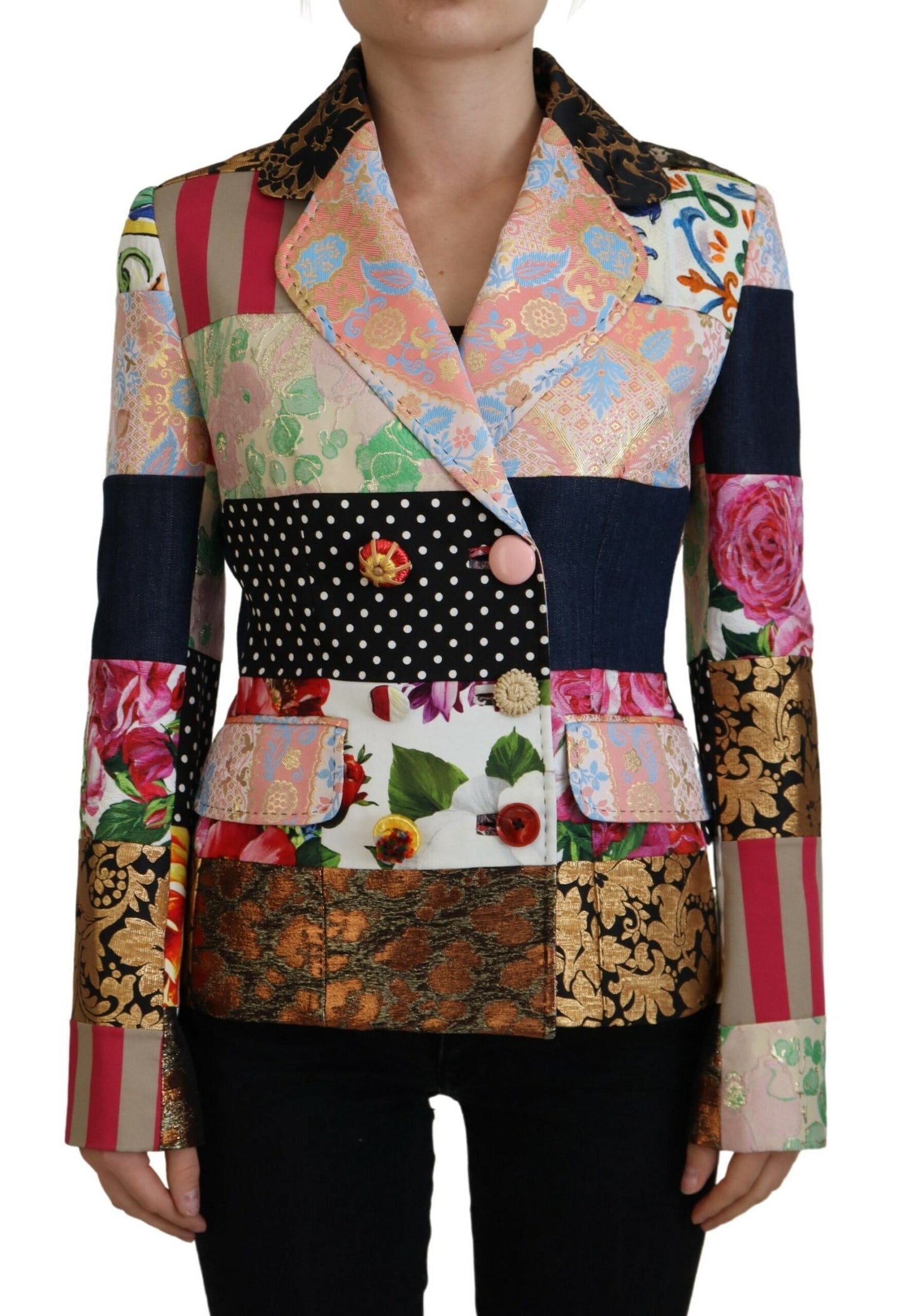 Multicolor Zweireihige Patchwork-Jacquard-Jacke