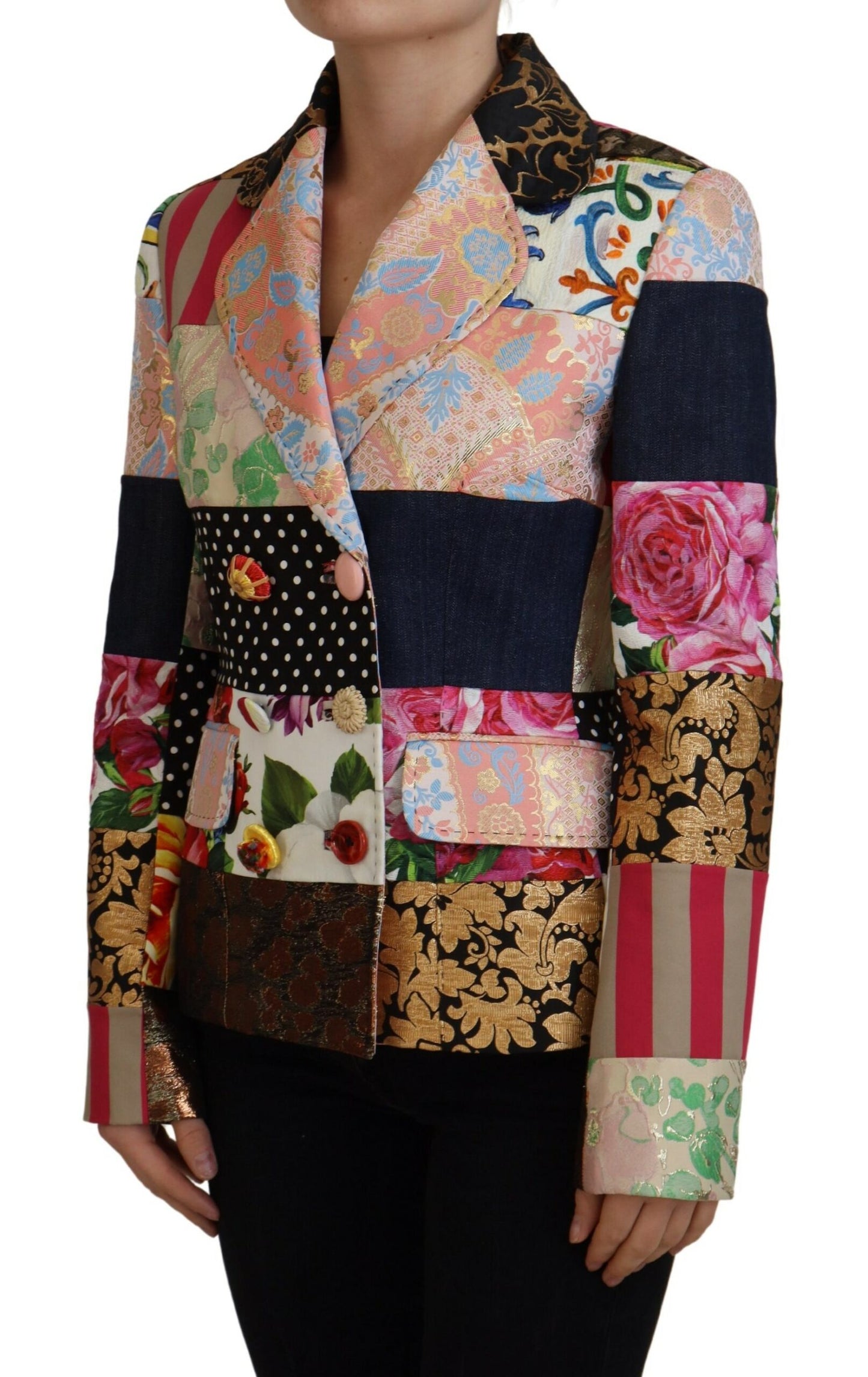 Multicolor Zweireihige Patchwork-Jacquard-Jacke