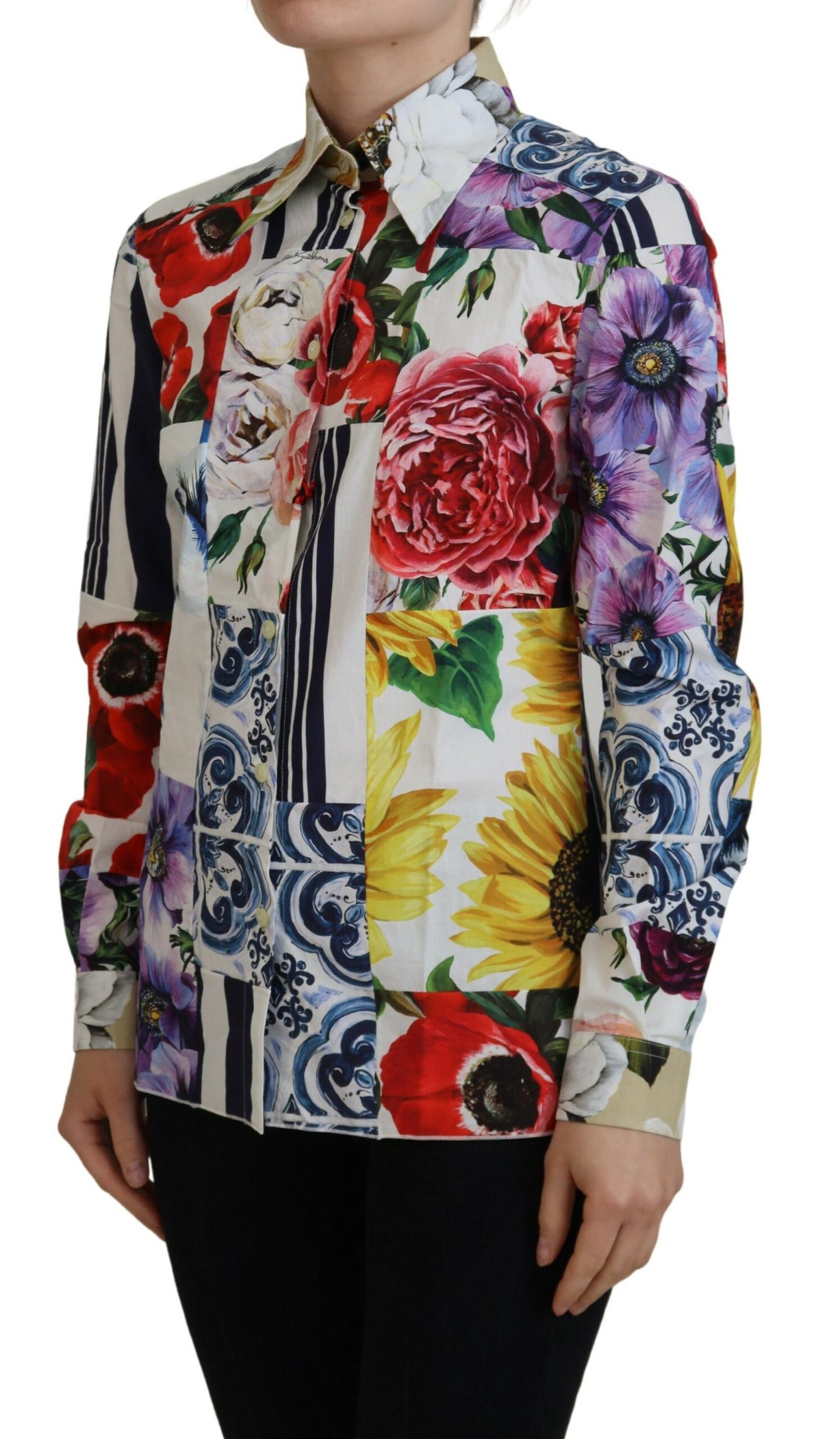 Multicolor Floral Baumwollbluse mit Kragen