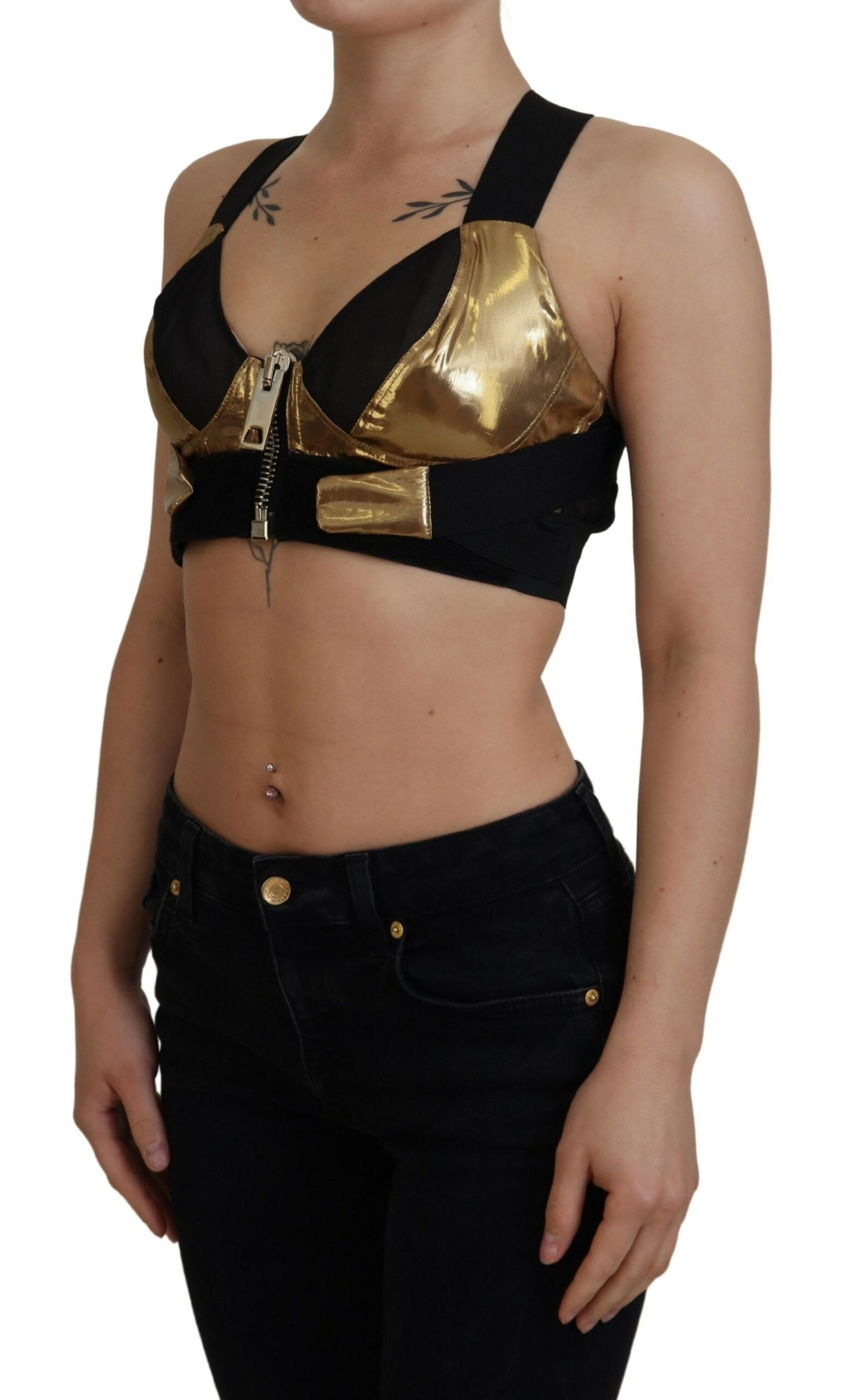 Schwarzgoldenes ärmelloses Bustier-Top mit Ausschnitt