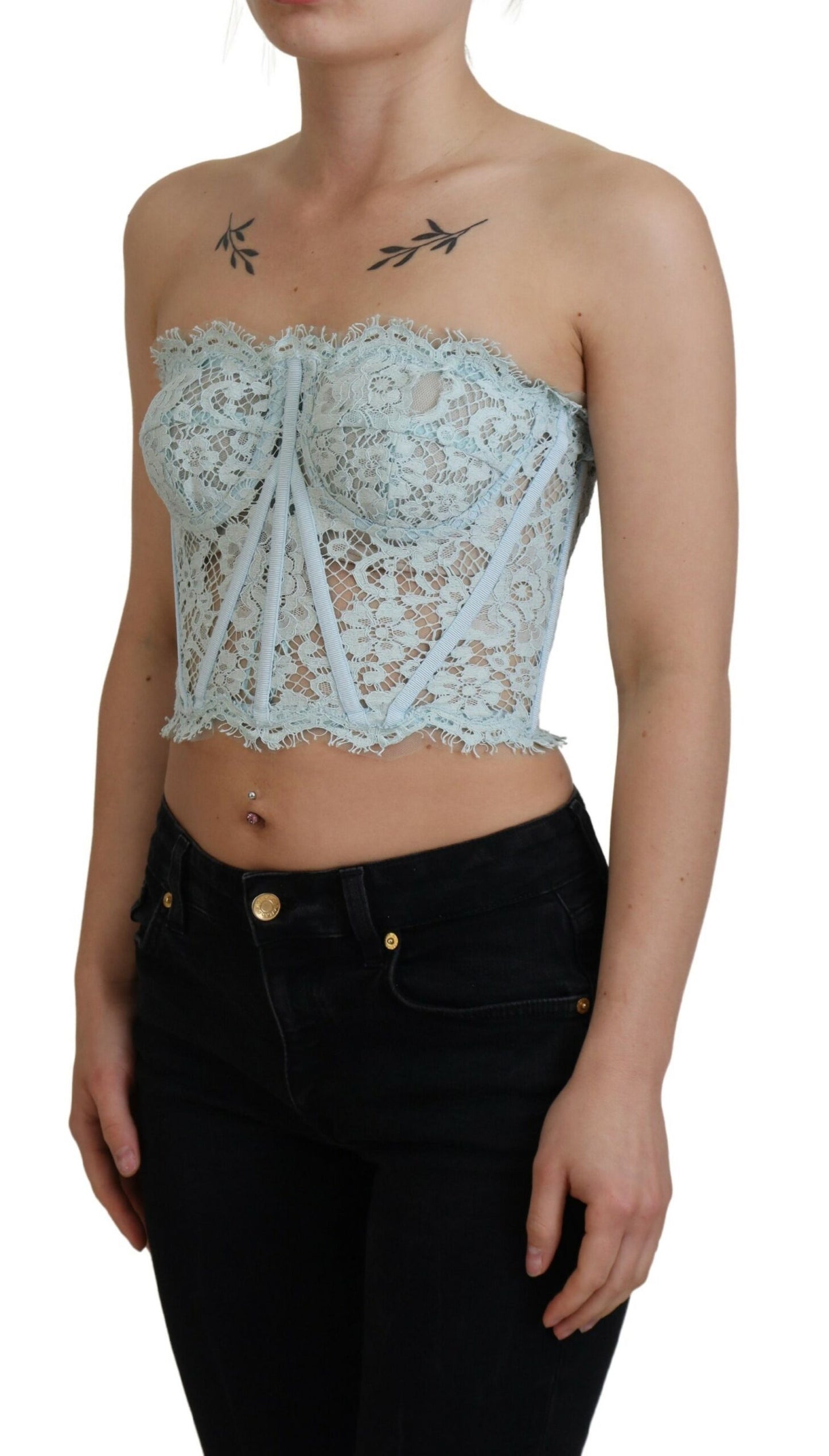 Blaues trägerloses Bustier-Crop-Top mit floraler Spitze