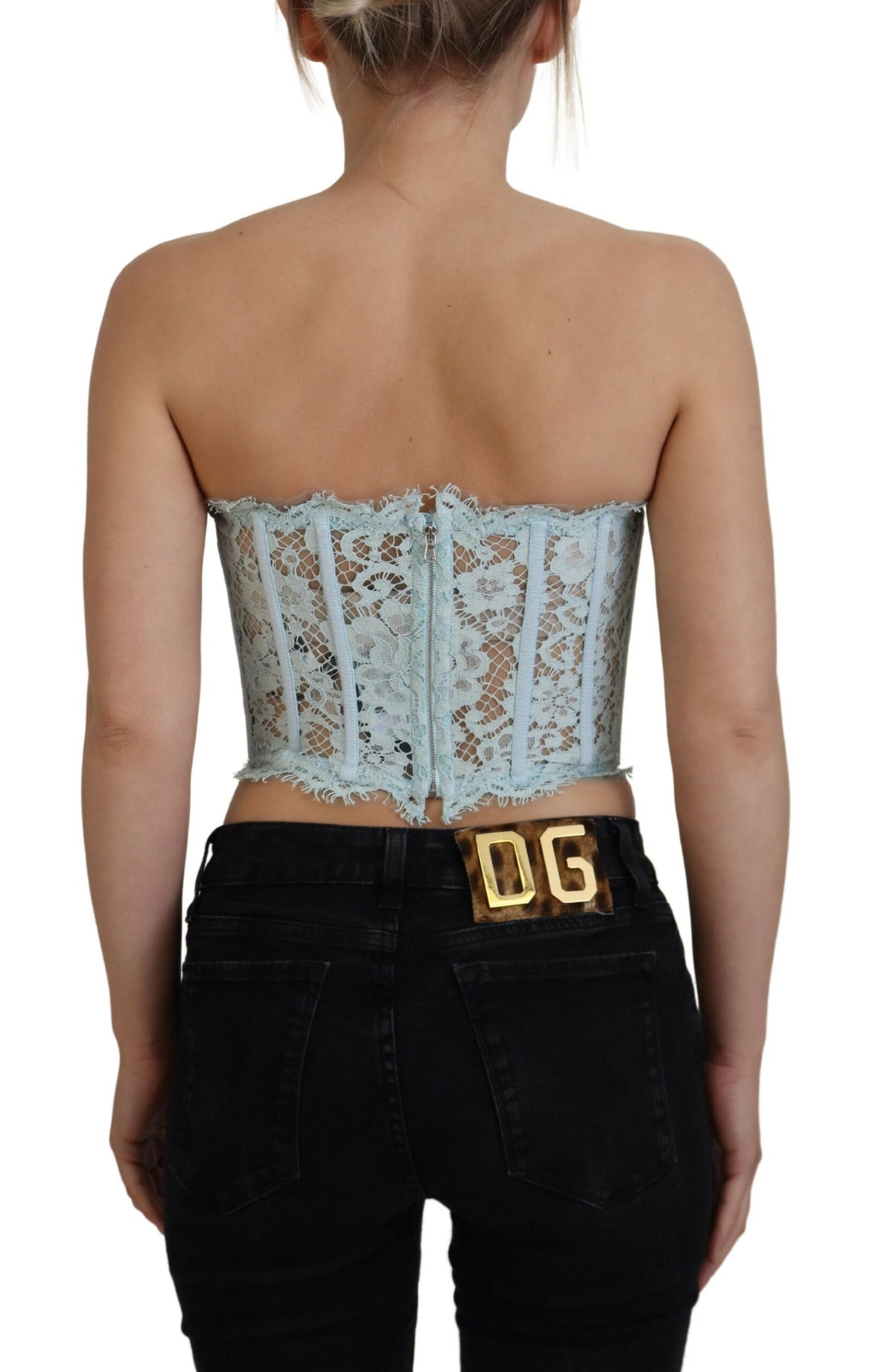 Blaues trägerloses Bustier-Crop-Top mit floraler Spitze