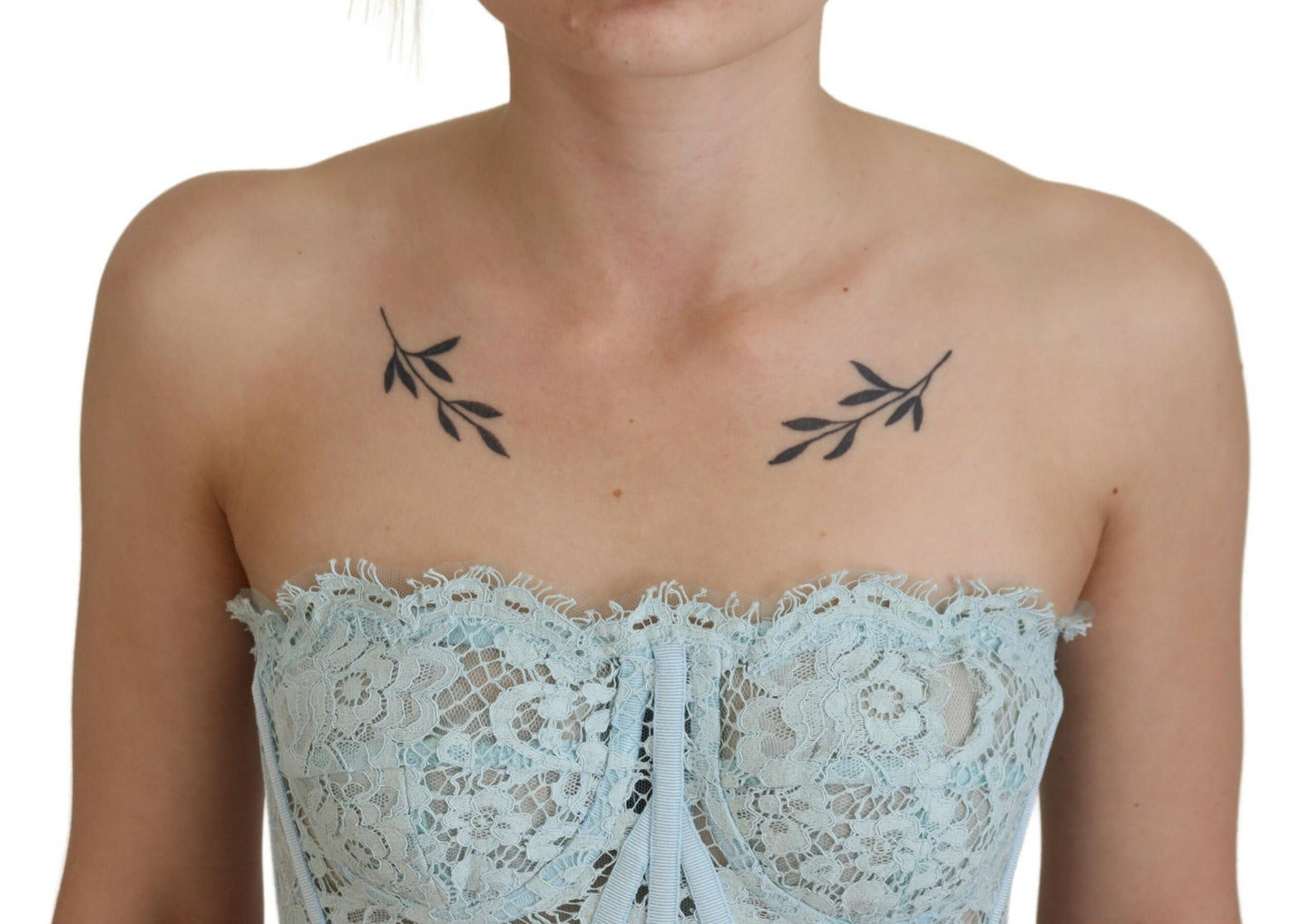 Blaues trägerloses Bustier-Crop-Top mit floraler Spitze