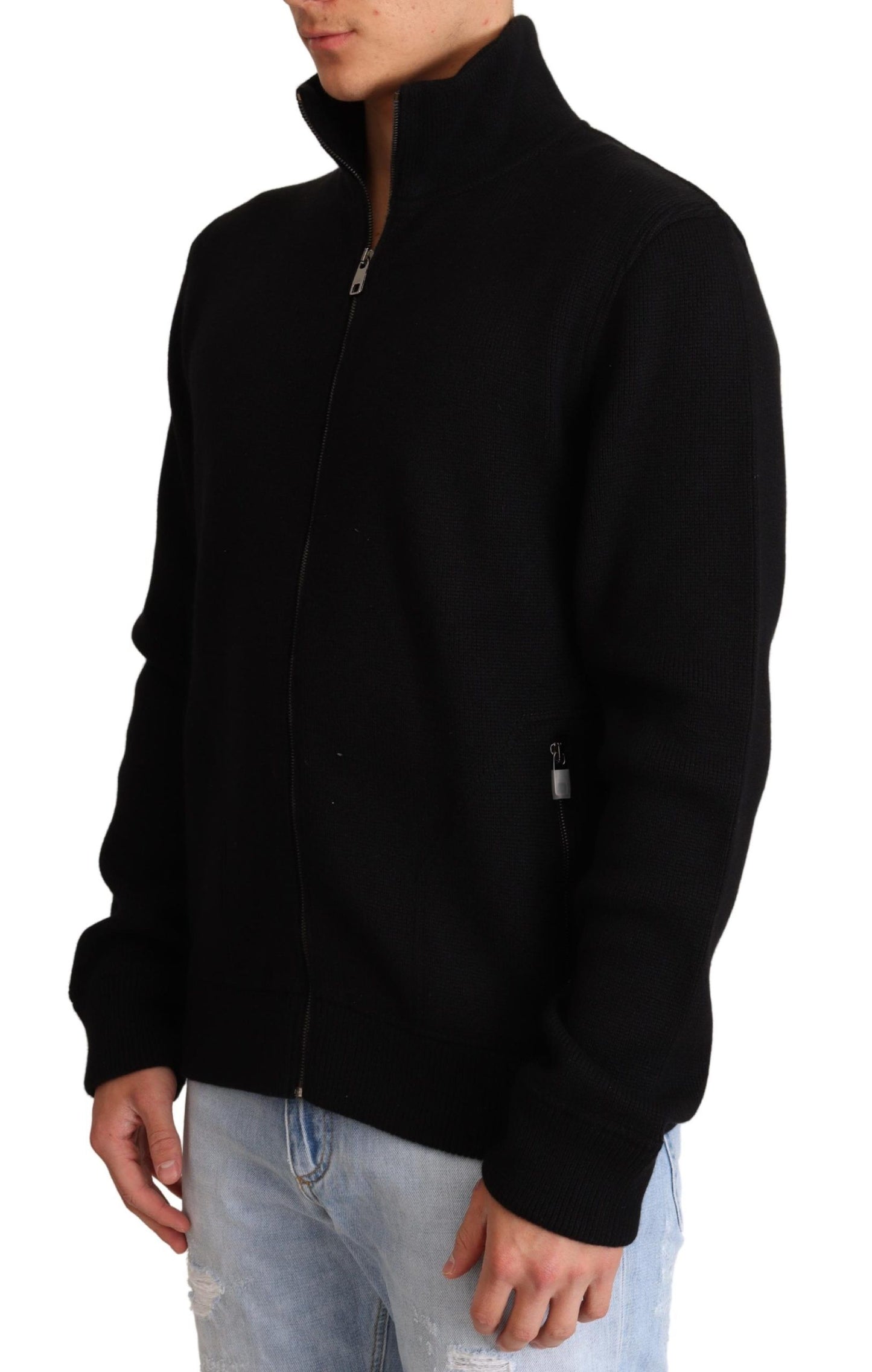 Schwarzer Kaschmir Pullover mit Reißverschluss für Herren