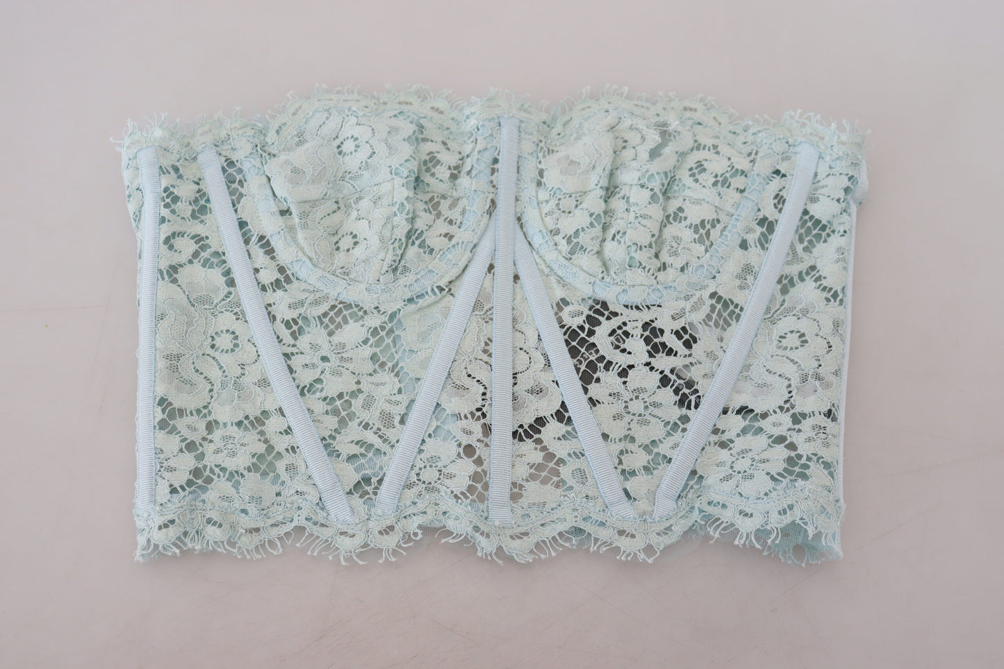 Blaues trägerloses Bustier-Crop-Top mit floraler Spitze