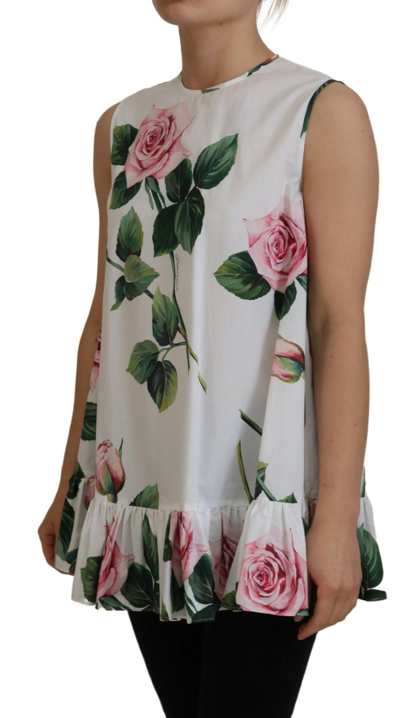 Weißes ärmelloses Tank-Top mit Rosendruck aus Baumwolle