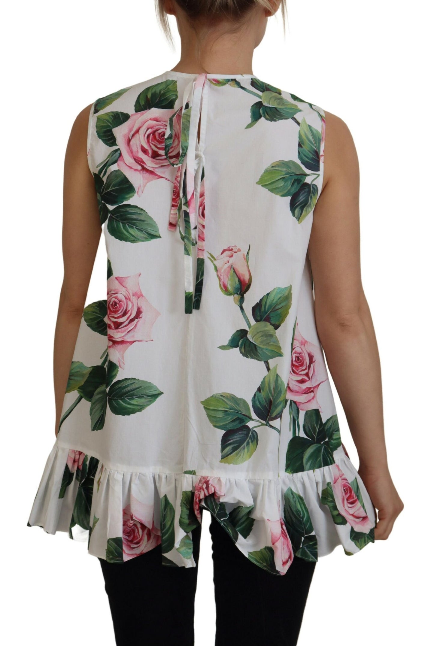 Weißes ärmelloses Tank-Top mit Rosendruck aus Baumwolle