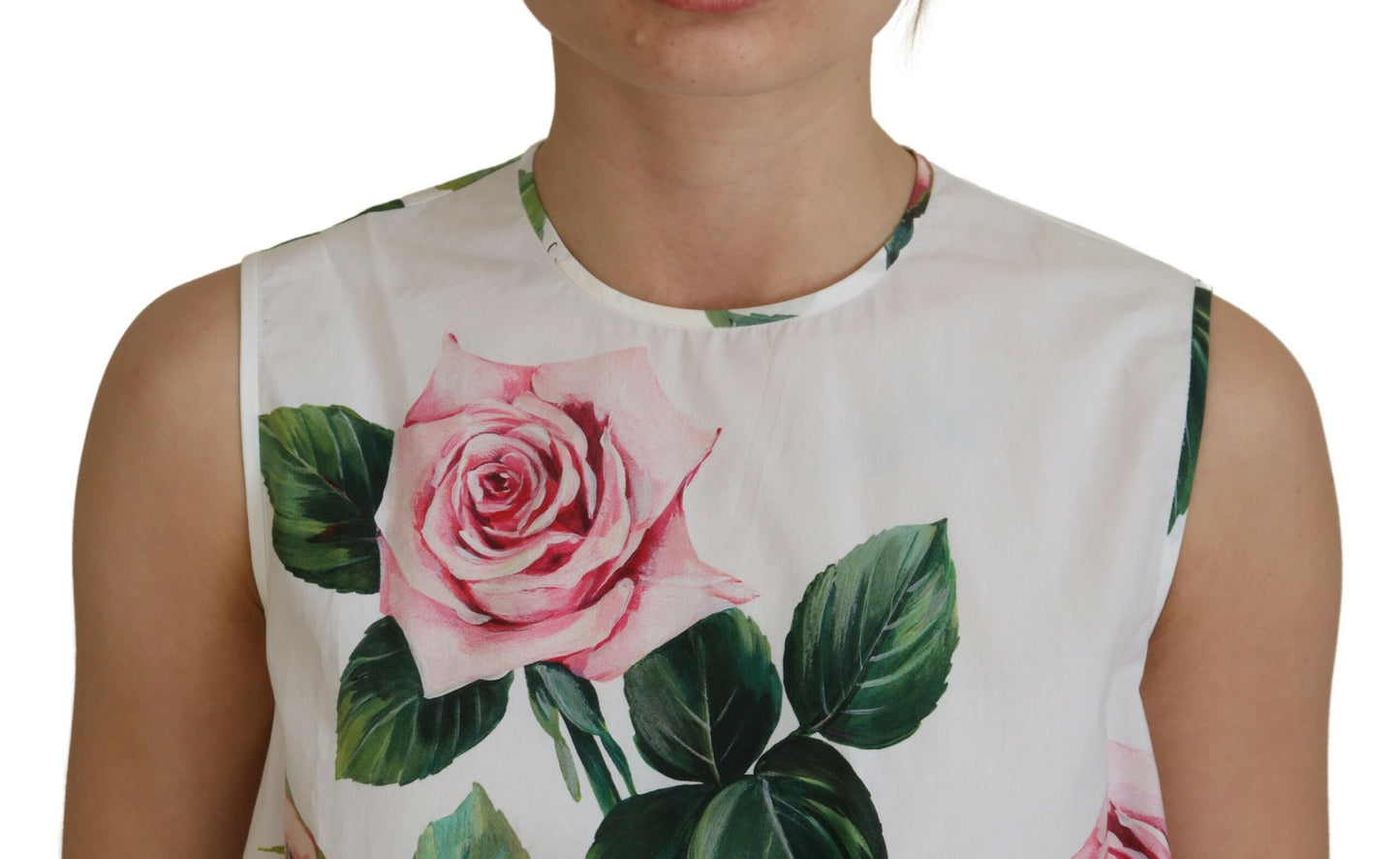 Weißes ärmelloses Tank-Top mit Rosendruck aus Baumwolle