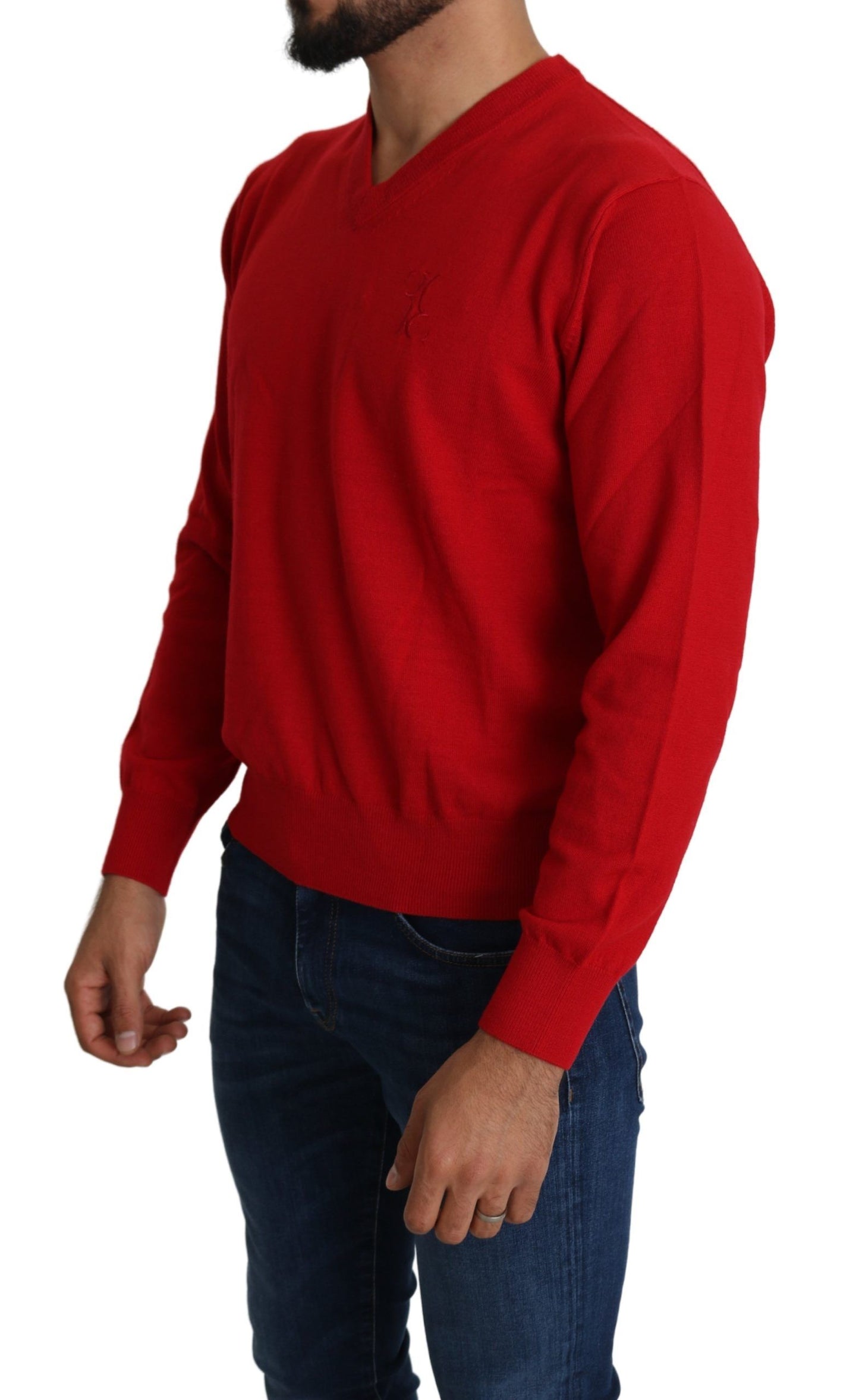 Rotes Wollsweatshirt mit V-Ausschnitt Pullover